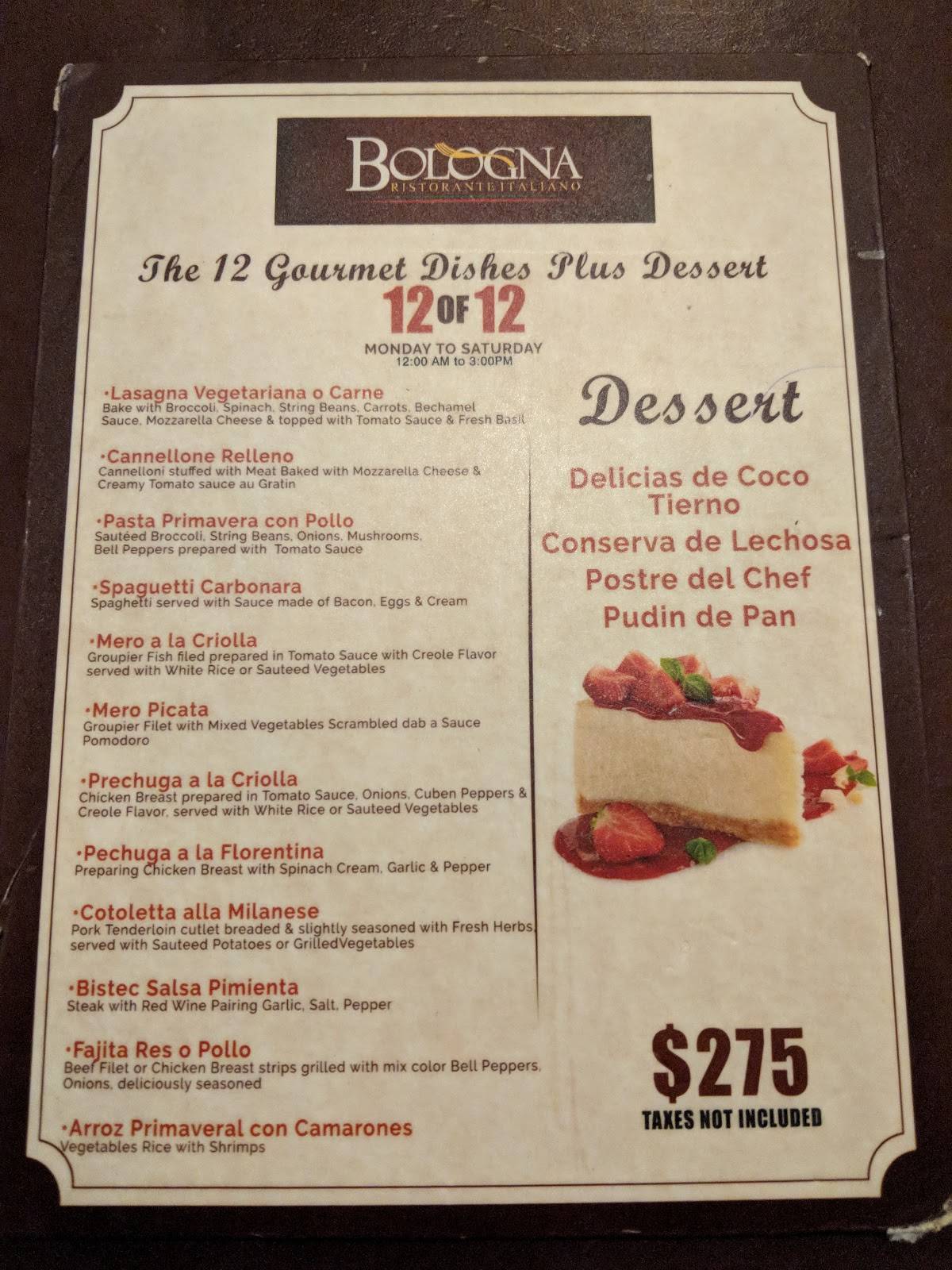 Menu at Bologna restaurant, Sosúa