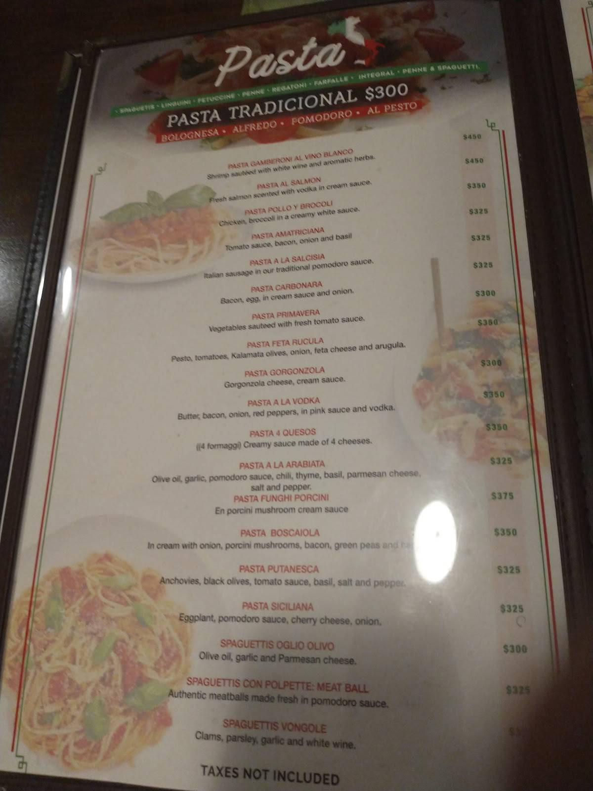 Menu at Bologna restaurant, Sosúa