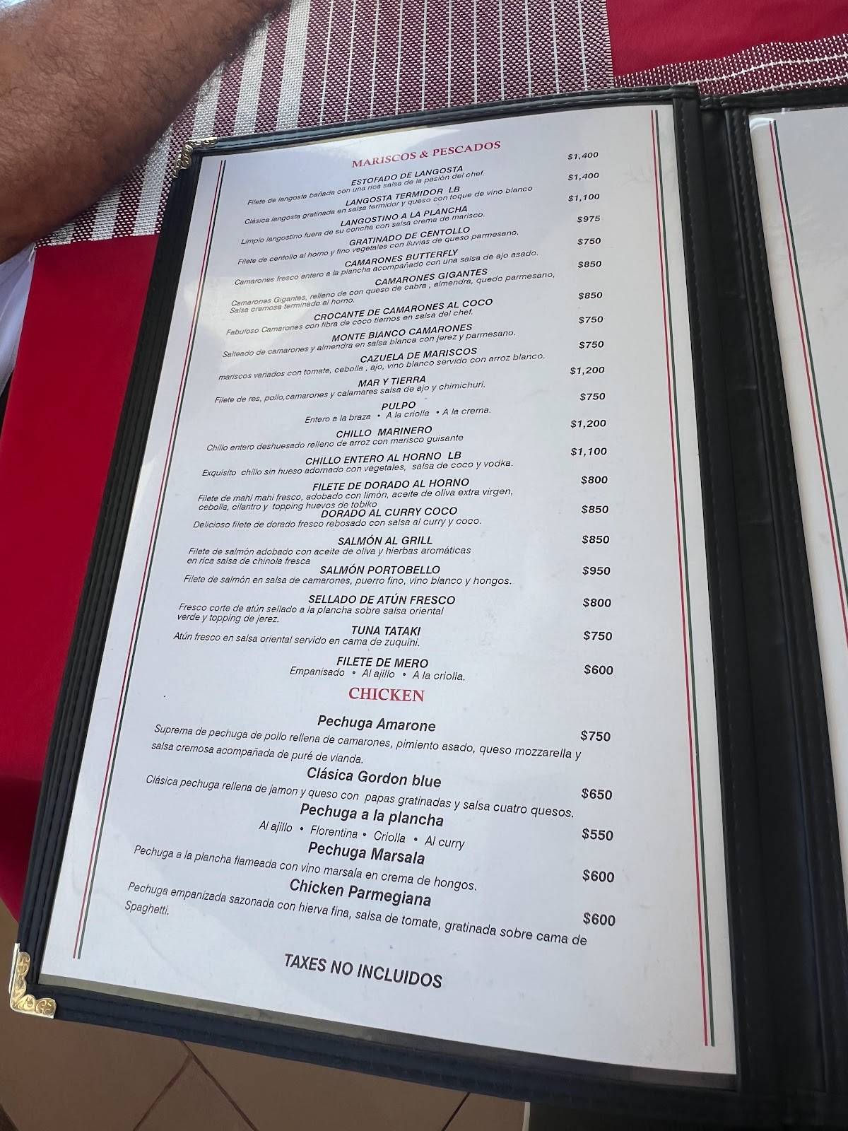 Menu at Bologna restaurant, Sosúa