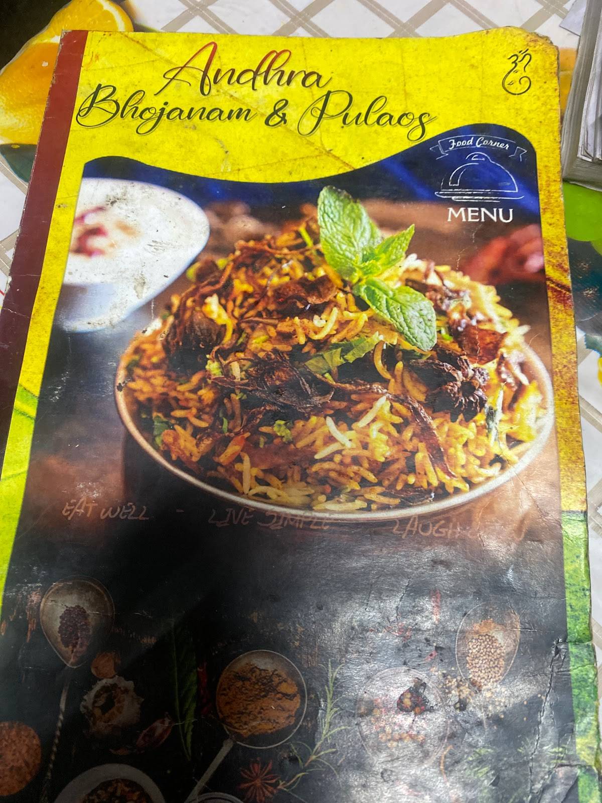 Andhra bhojanam & pulaos menu