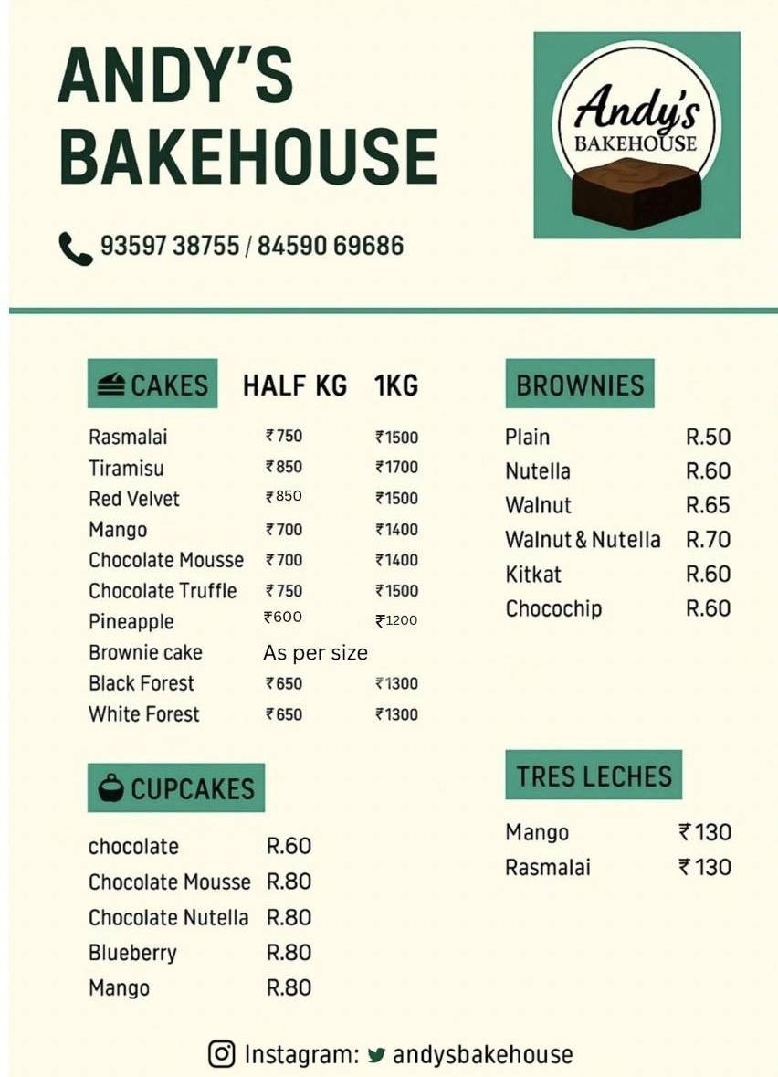 Andy's Bakehouse menu