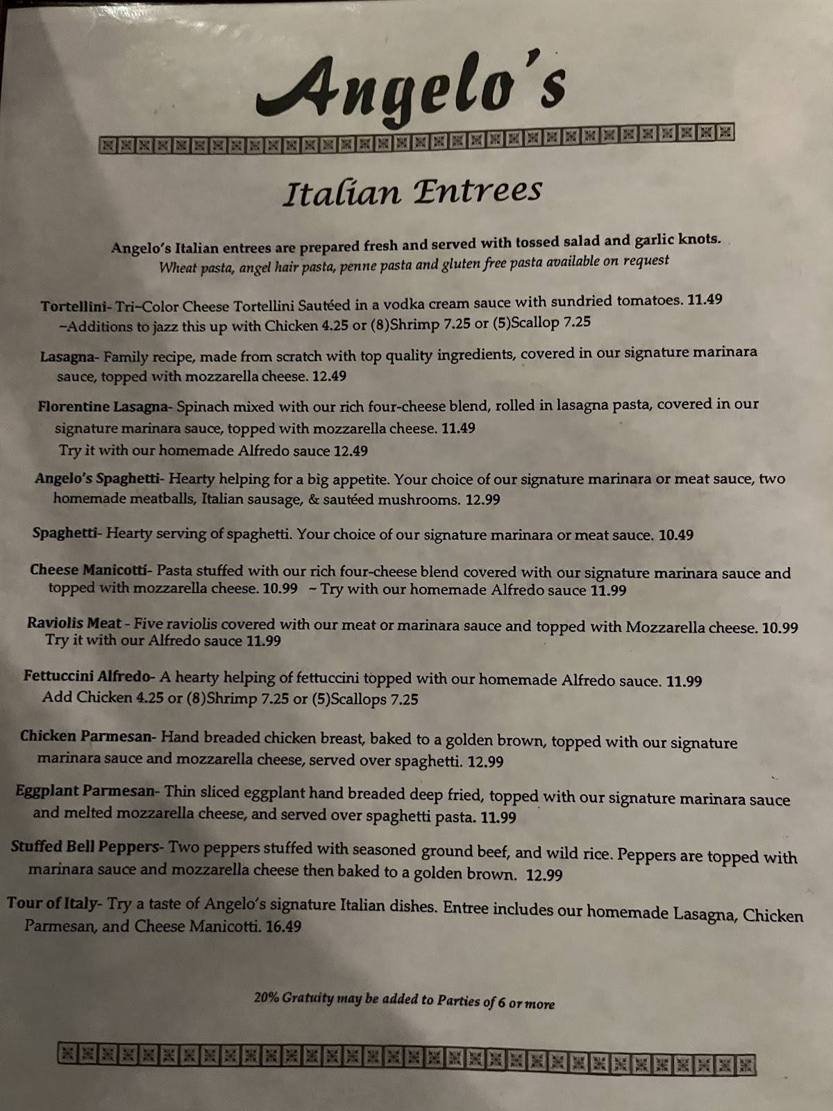 Menu at Angelo's Greek and Italian pizzeria, Batesburg-Leesville