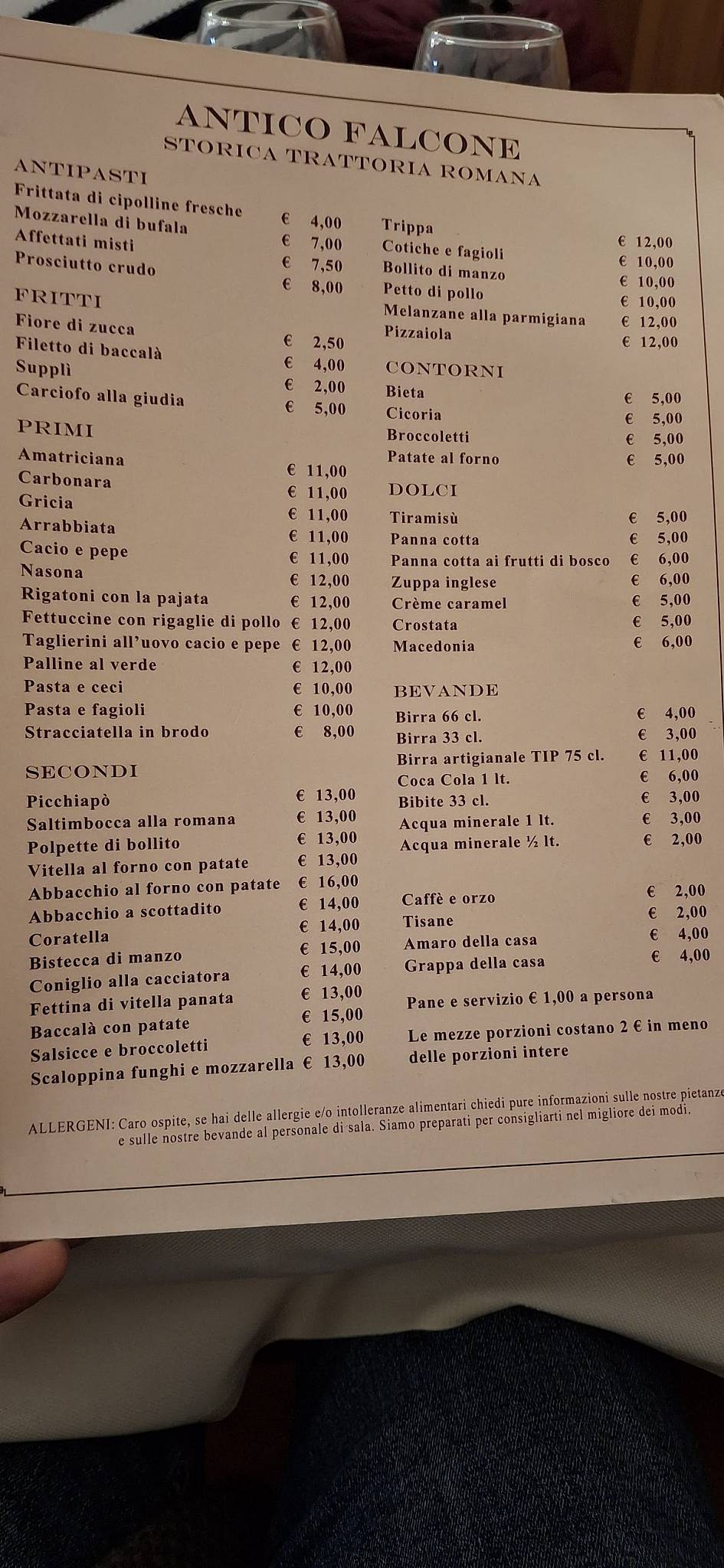 Menu di Trattoria Antico Falcone 