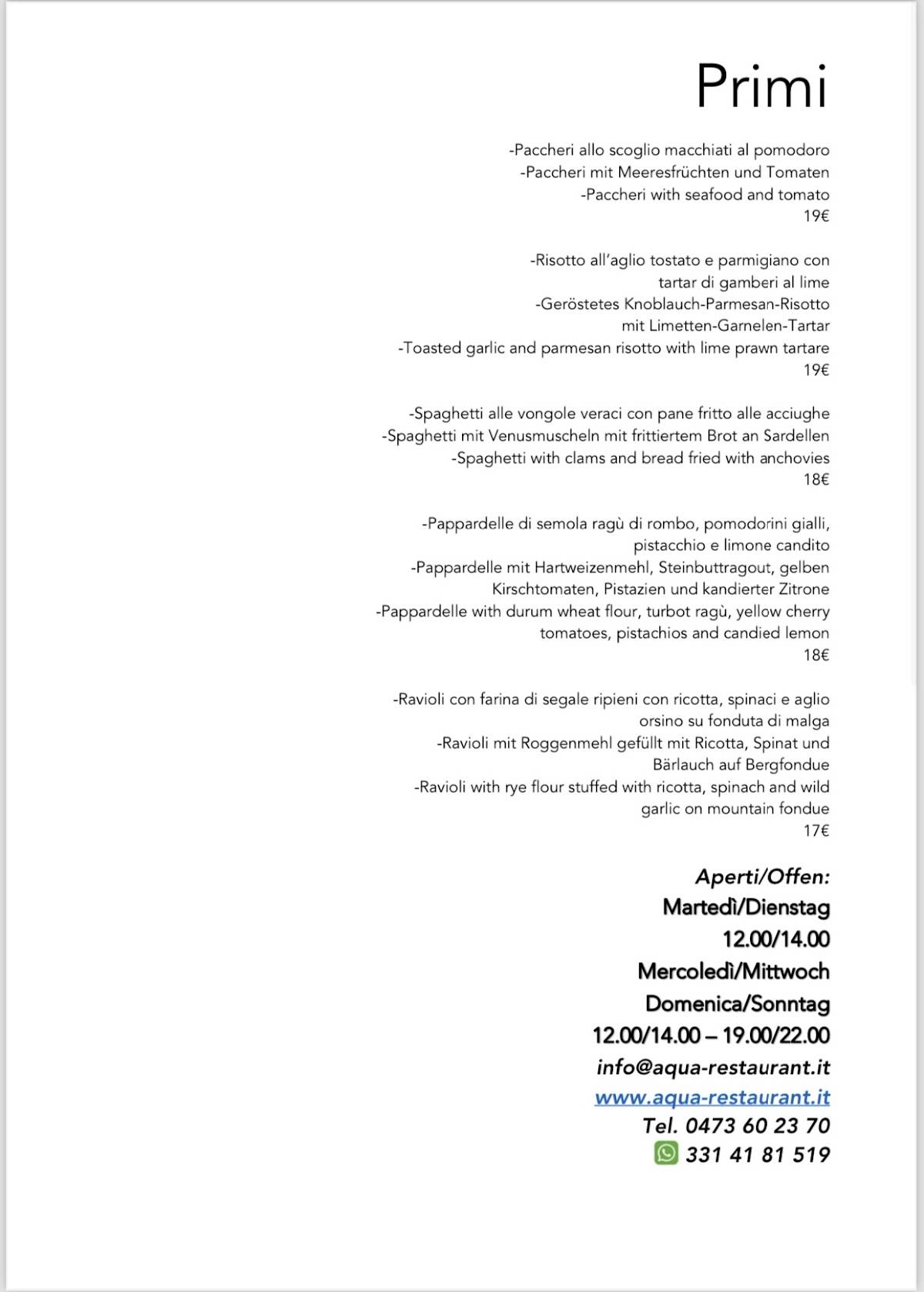 Menu di Aqua Restaurant 