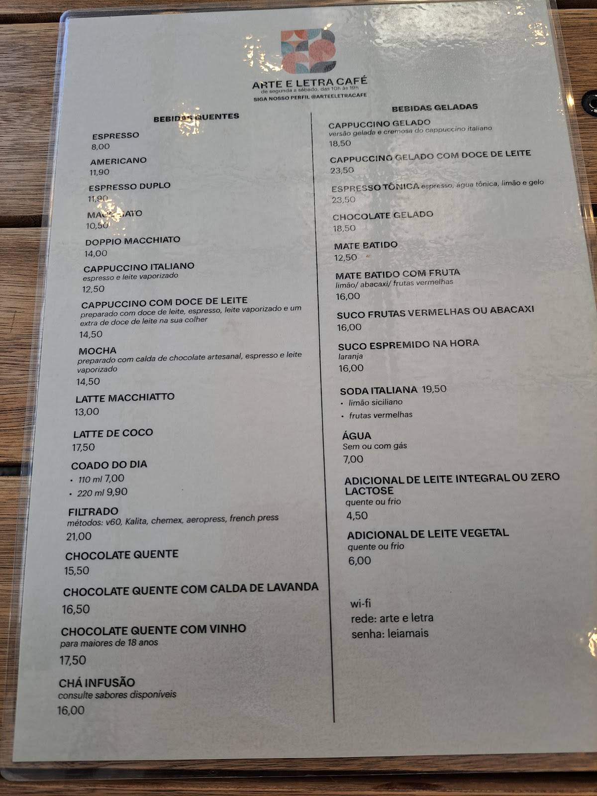 Café e Livraria Arte e Letra cardápio