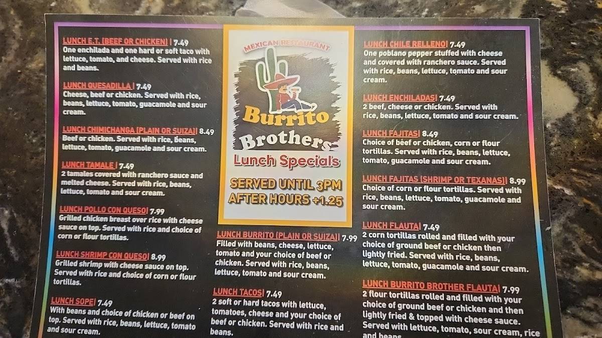 Menu at Burrito Brothers restaurant, Asheboro