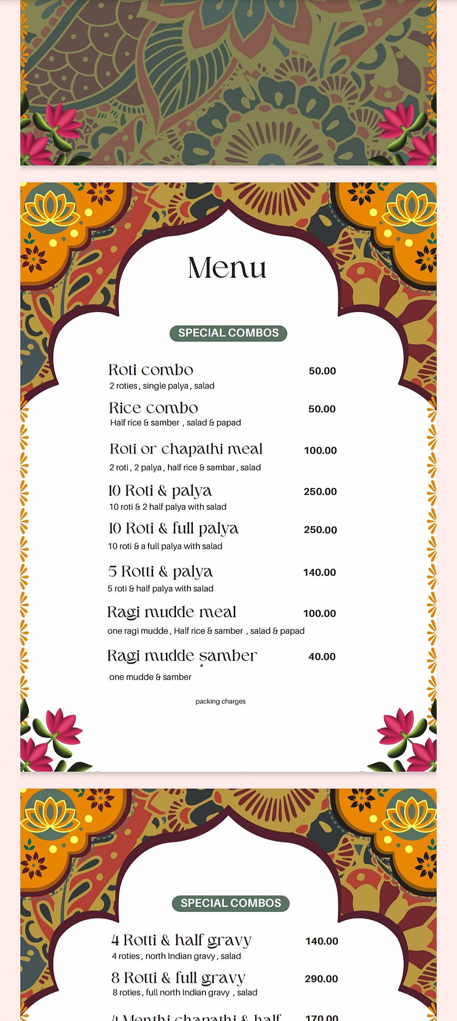 Ashirvad JRC ,Family Resturent (Ashirvad Jolada Rotti Center) Manglore menu