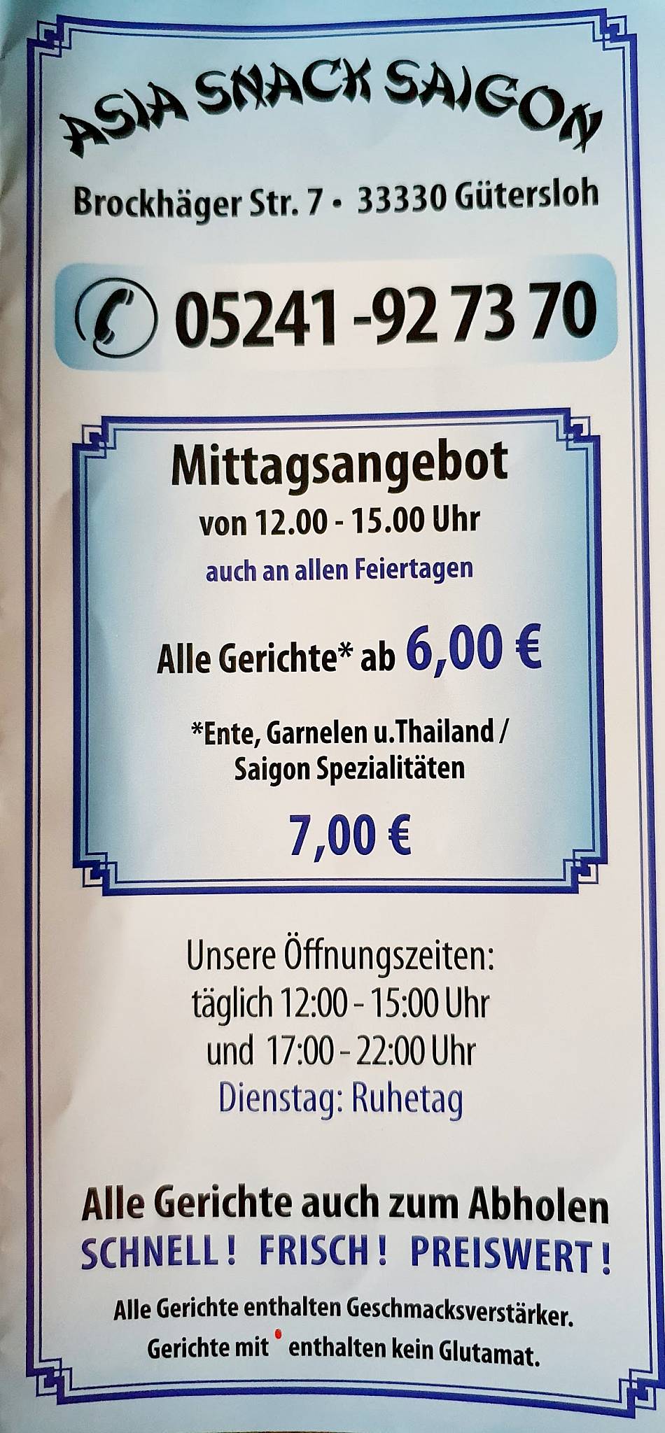 Speisekarte von Asiasnack Saigon restaurant, Gütersloh