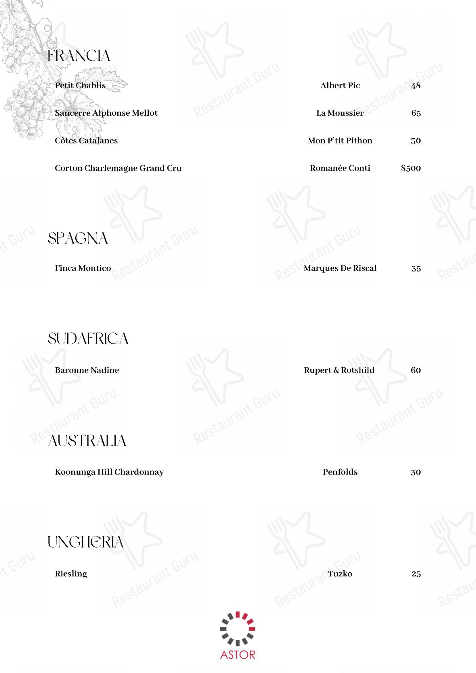 Menu di Astor - Menu