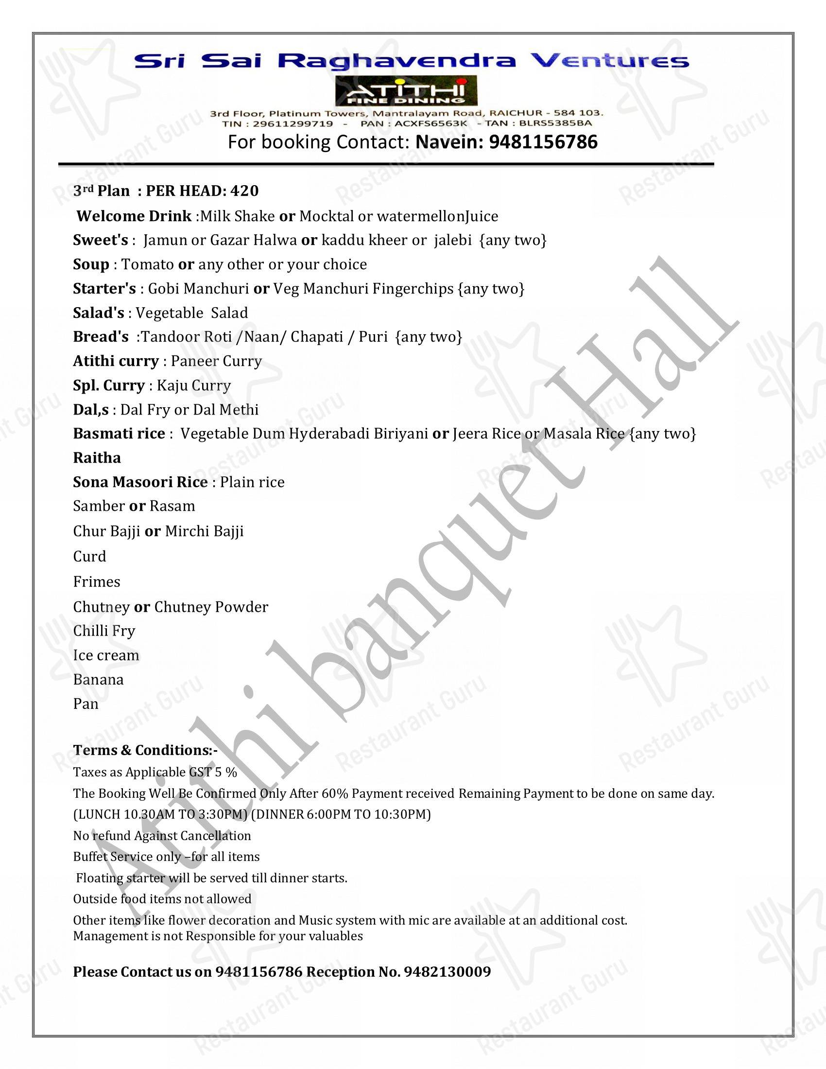 Menu for Atithi Fine Dining and Banquet Hall in Raichur