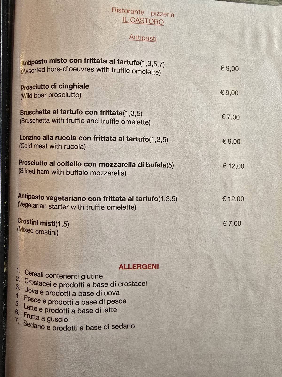 Menu di Ristorante Il Castoro 