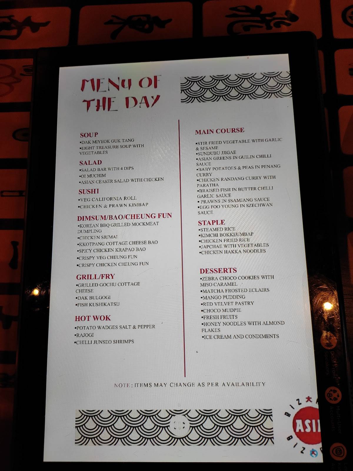 BIZARRE ASIA menu