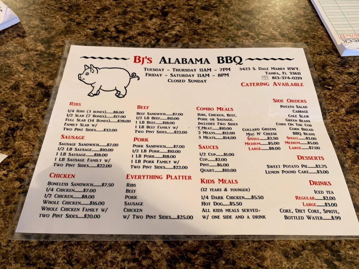 Menu at BJ’s Alabama BBQ!, Tampa