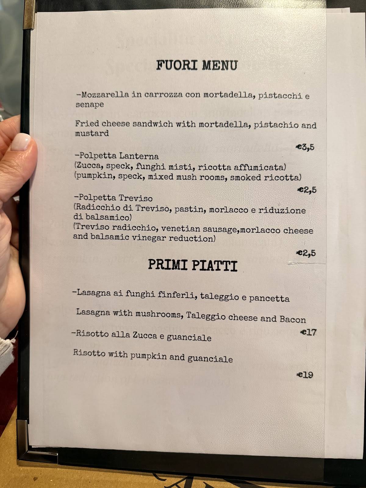 Menu di Bacaro Quebrado - Cicchetti a Venezia 