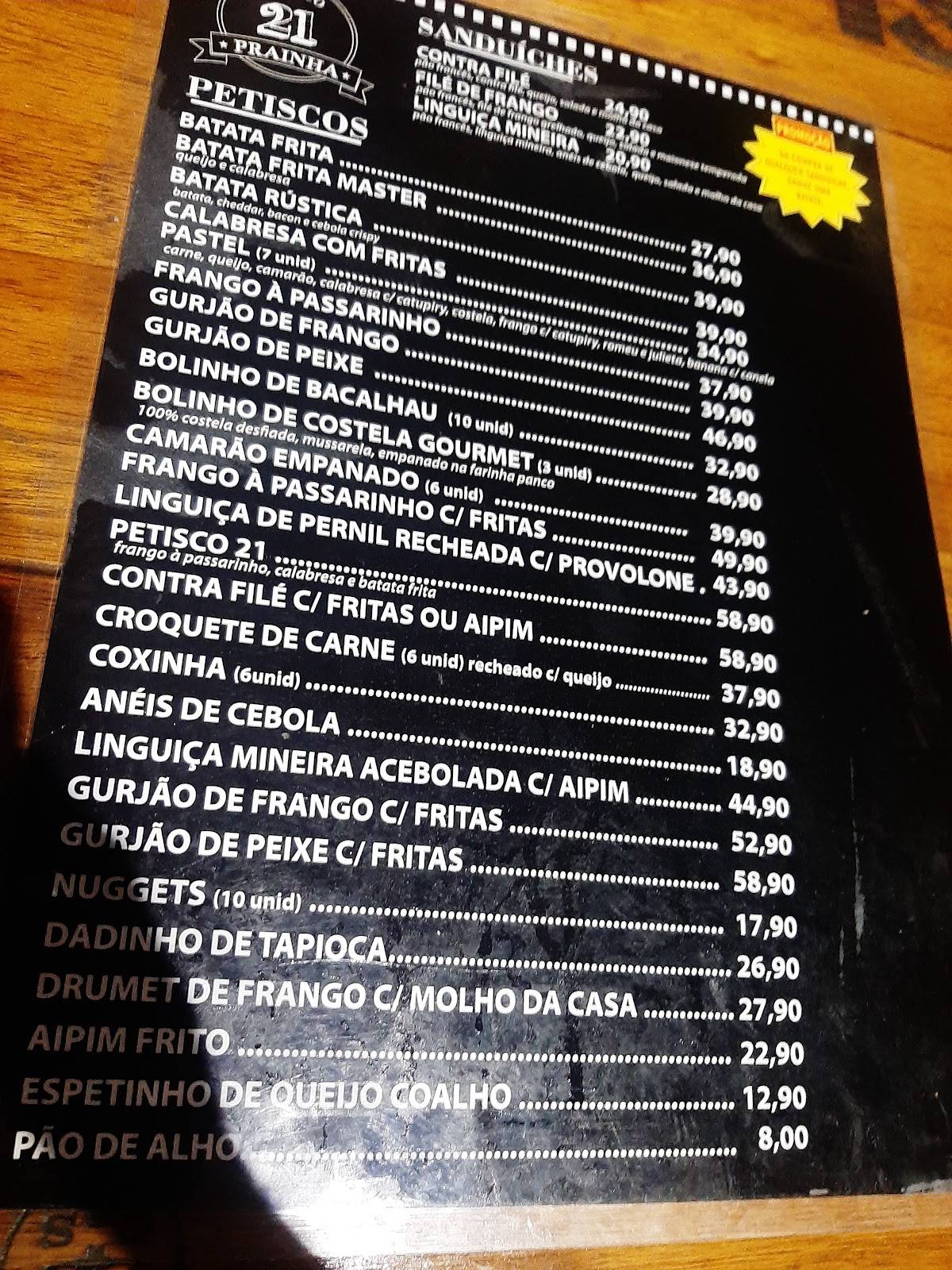 Bafo da Prainha cardápio