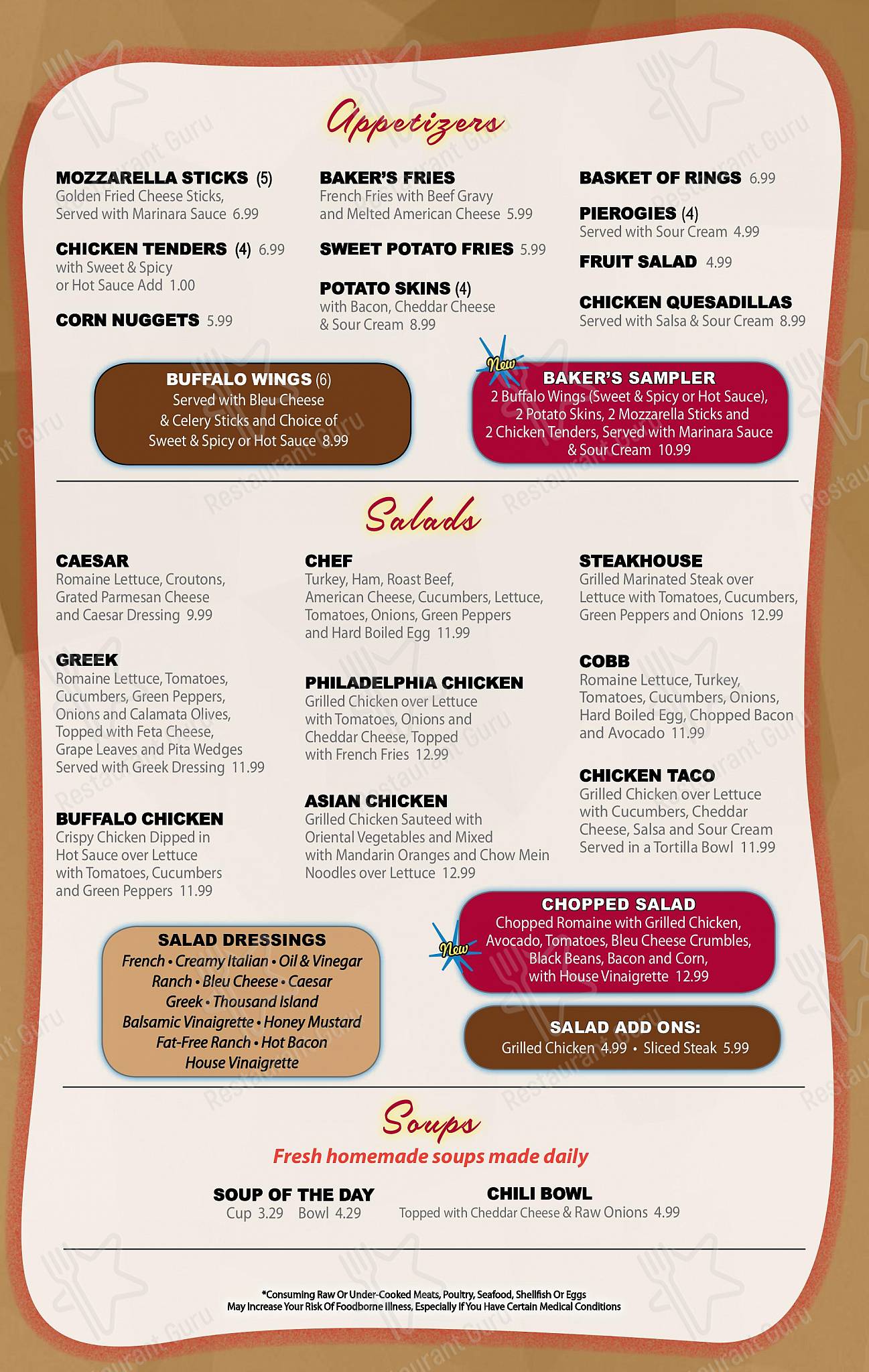 Menu at Baker's Diner restaurant, Dillsburg