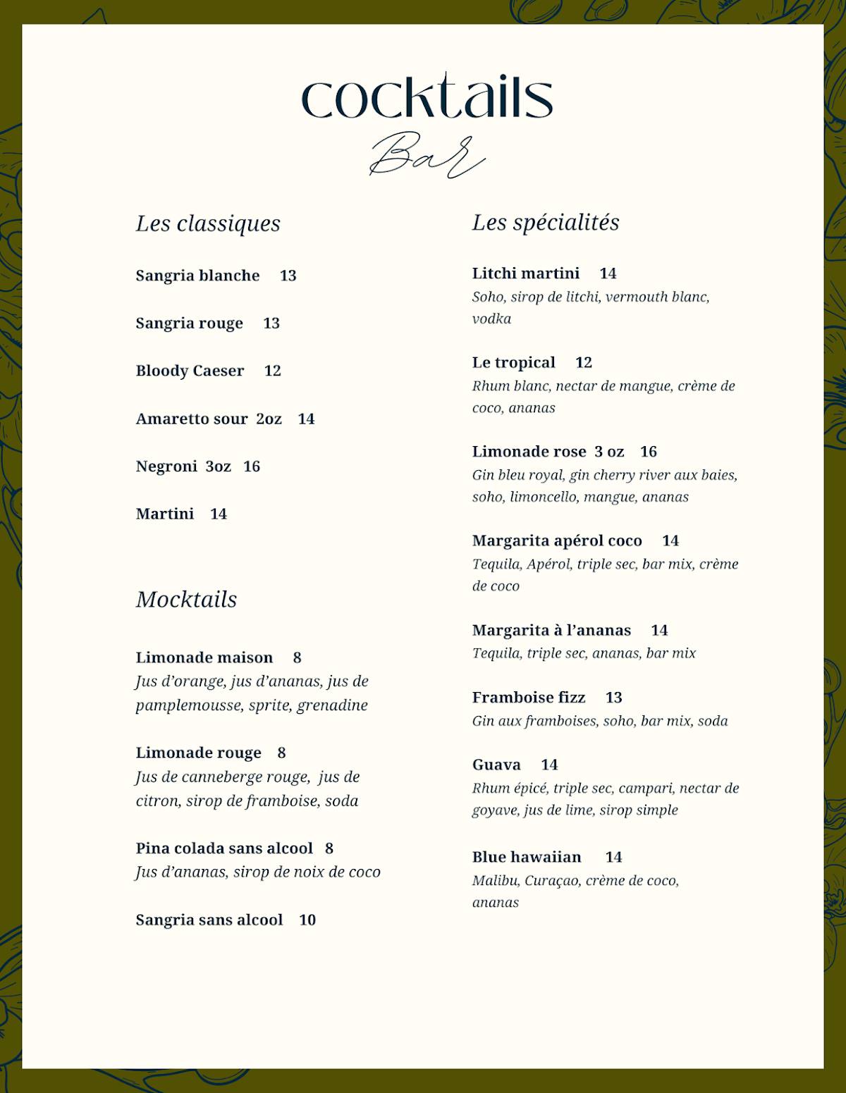 Menu de Restaurant Bar Chez Omer