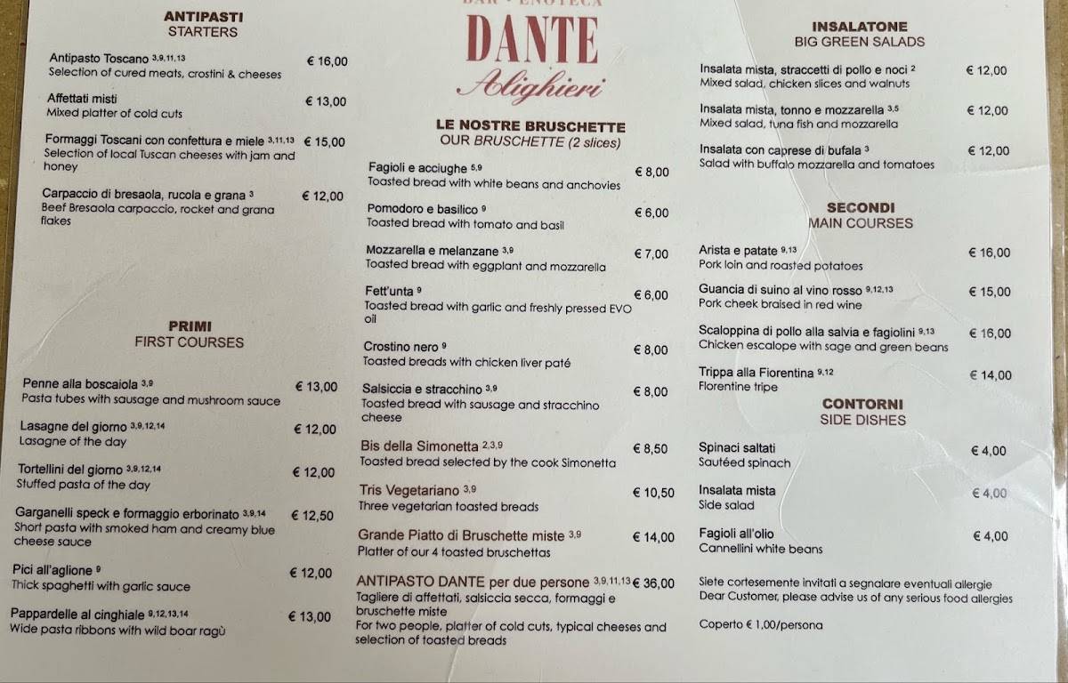 Menu di Bar Dante Alighieri 