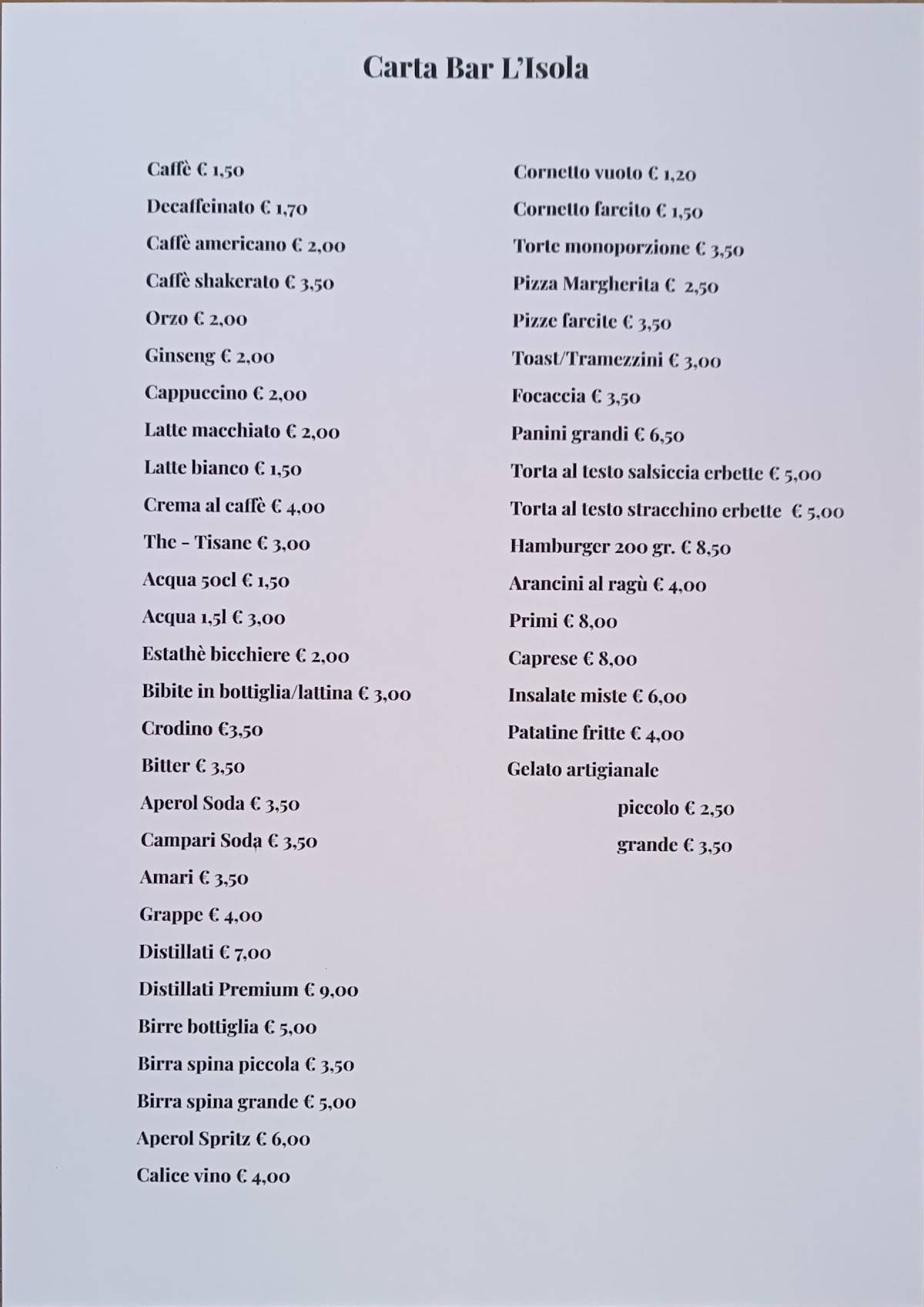 Menu di Bar L'Isola 