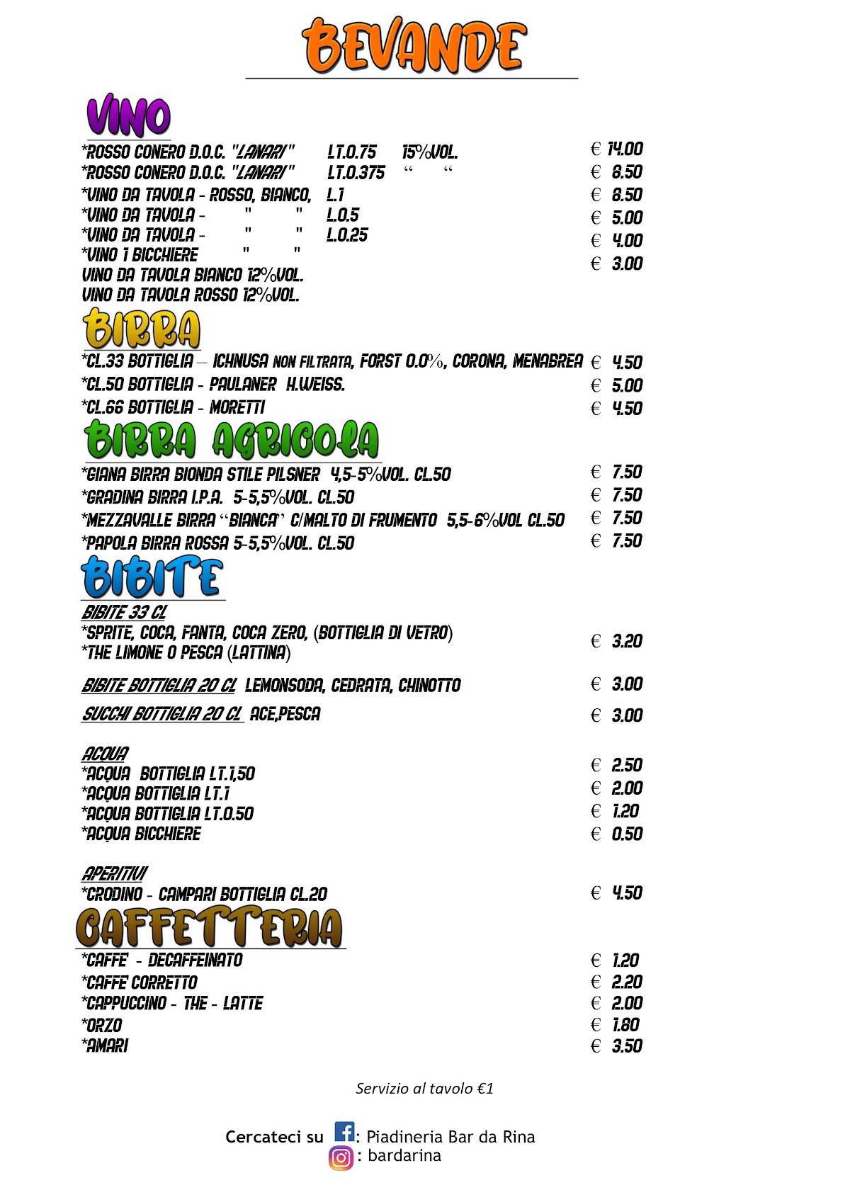Menu di Bar Piadineria Da Rina 