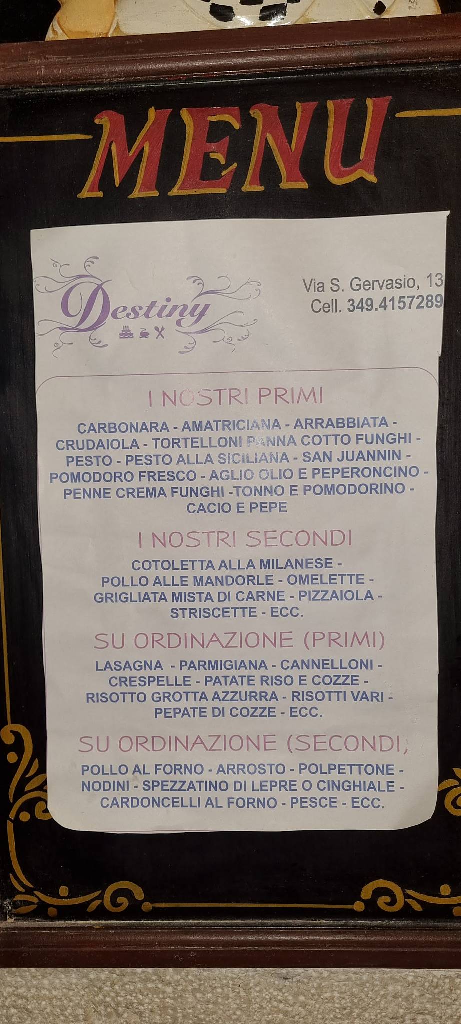 Menu di Bar Tavola calda Destiny 