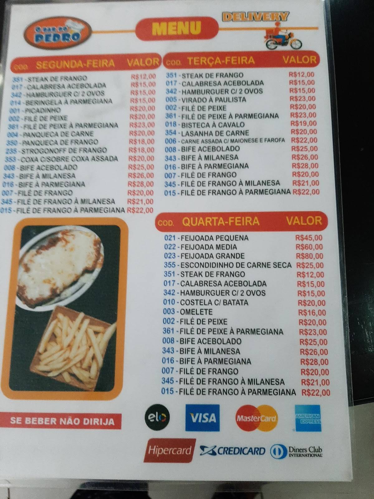 Bar do Pedro cardápio