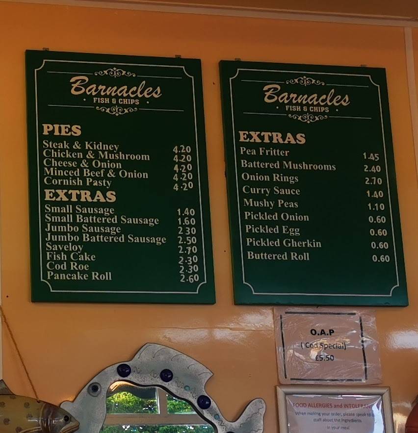 Menu at Barnacles - Fish & Chips Bournemouth, Bournemouth