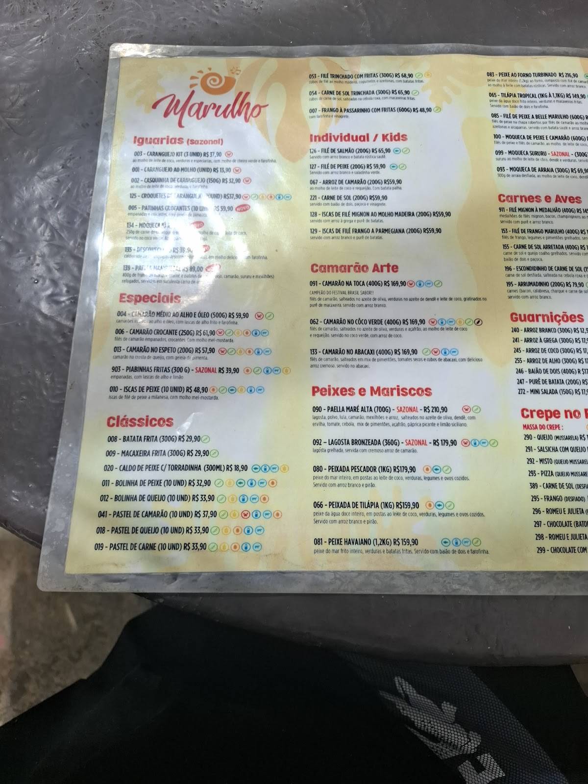 Marulho cardápio