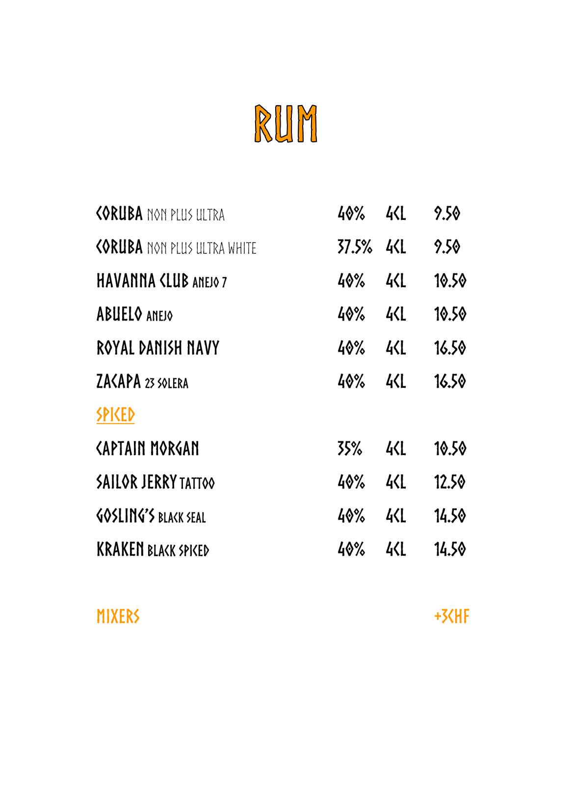 Menu di Valhalla Bar Basel 