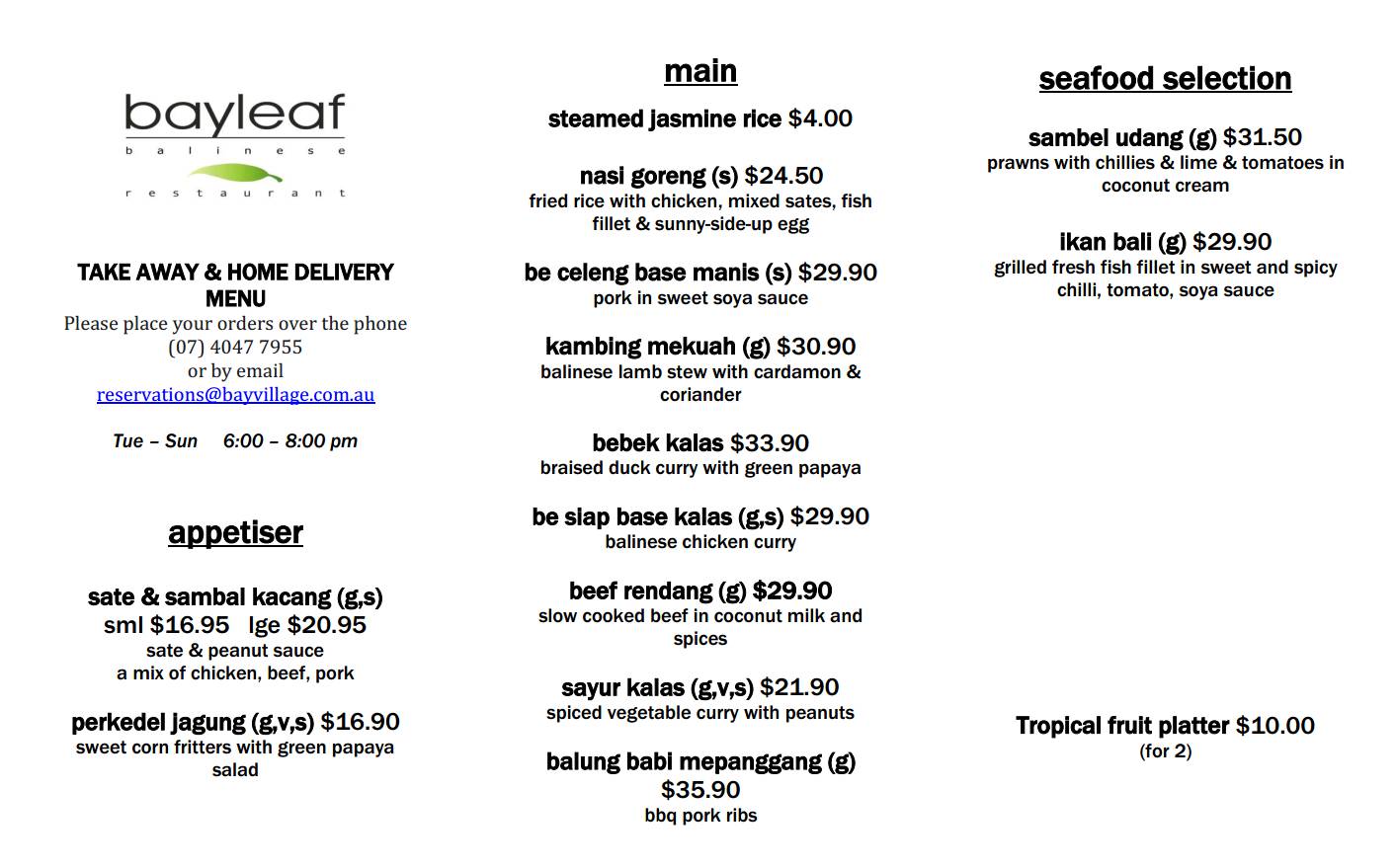 Menu at Bayleaf Balinese Restaurant, Cairns