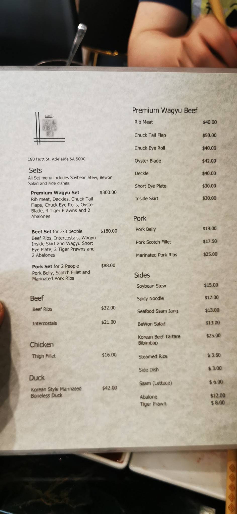 Menu at BeWon Korean BBQ Adelaide, Adelaide