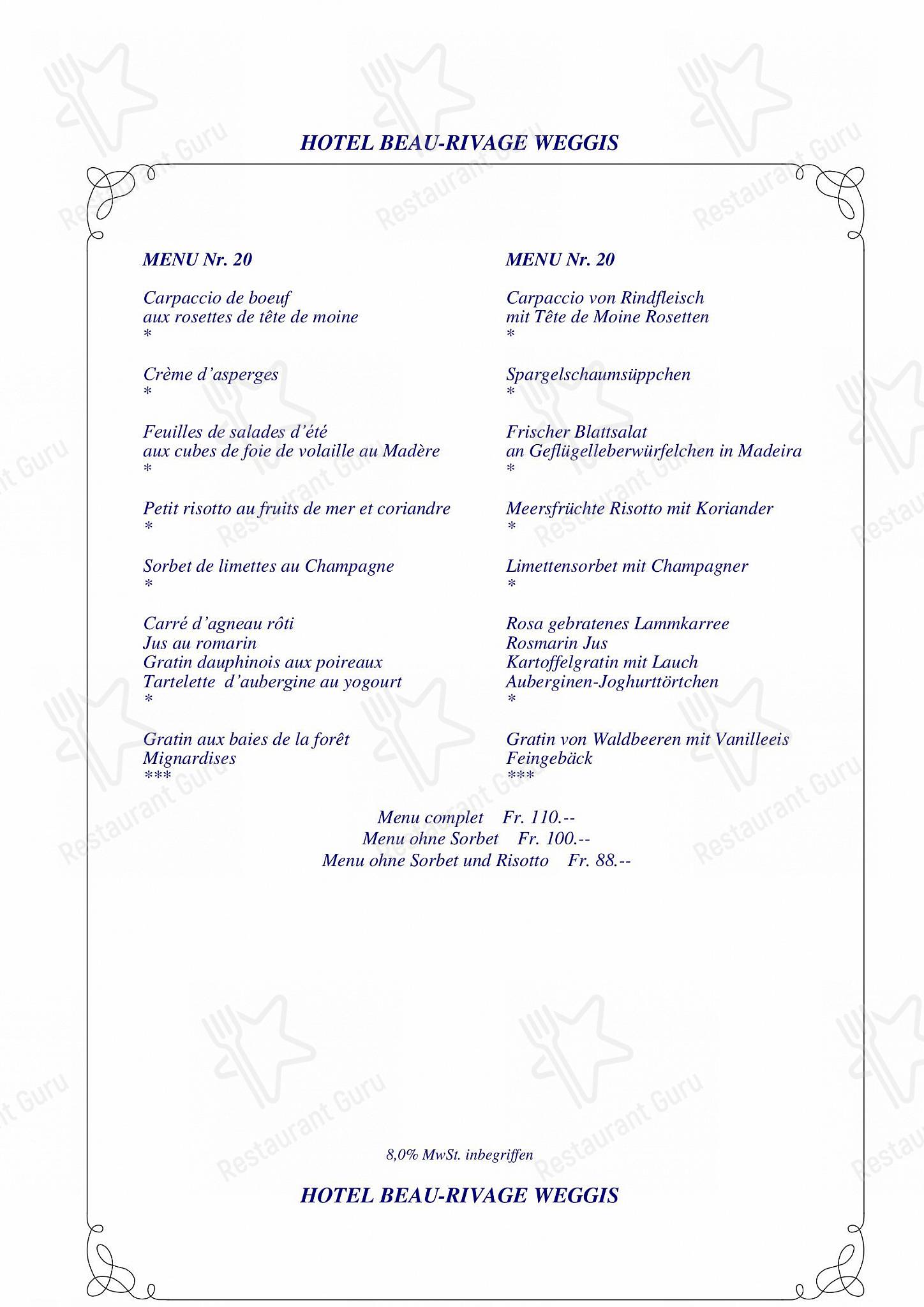 Menu di Romantik Hotel Beau - Rivage Weggis - Lunch Menu