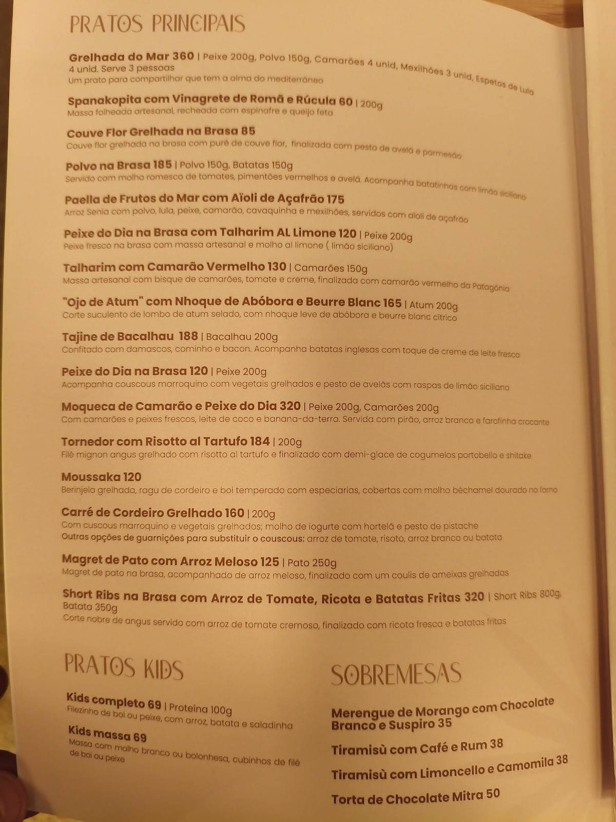 Mitra Restaurante cardápio