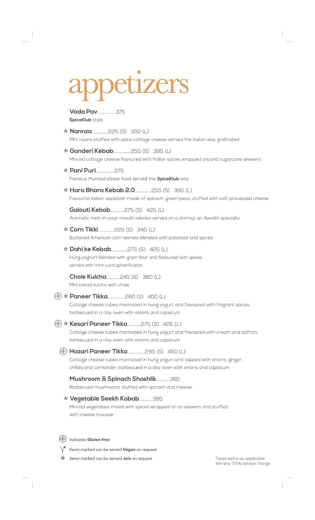 Spiceklub Restaurant Bengaluru menu