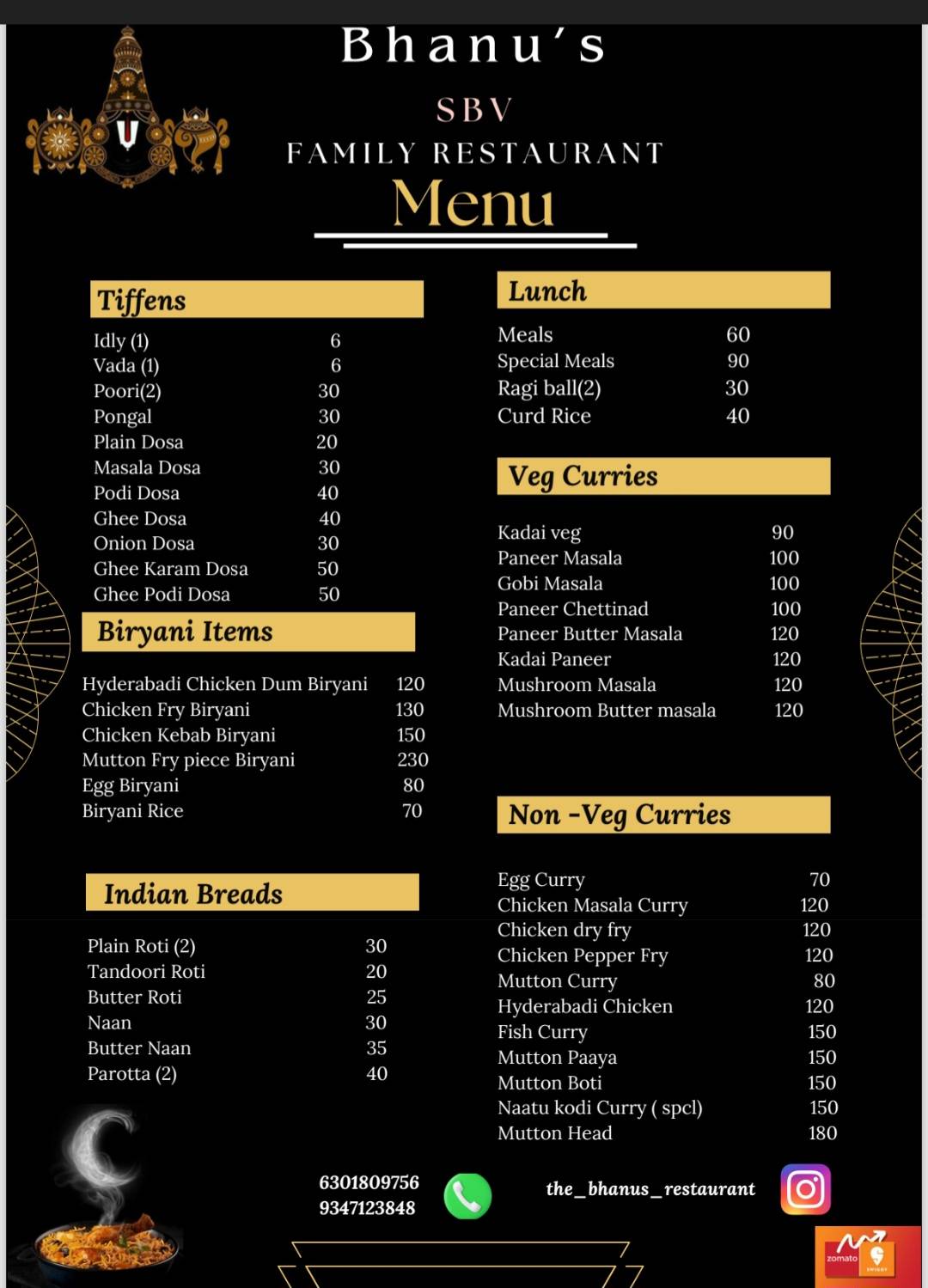 Bhanu's Restaurant menu