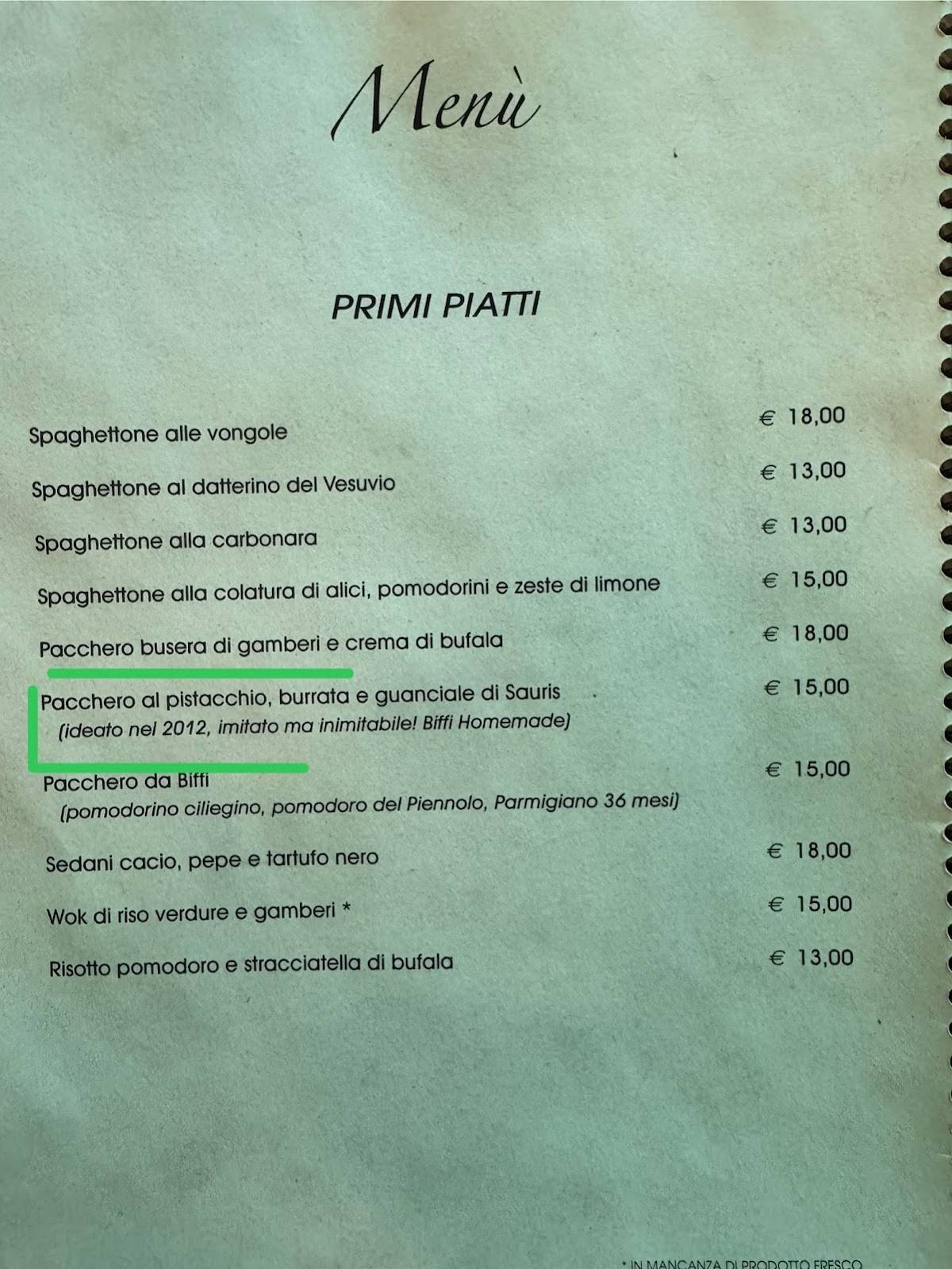 Menu di Biffi Udine 