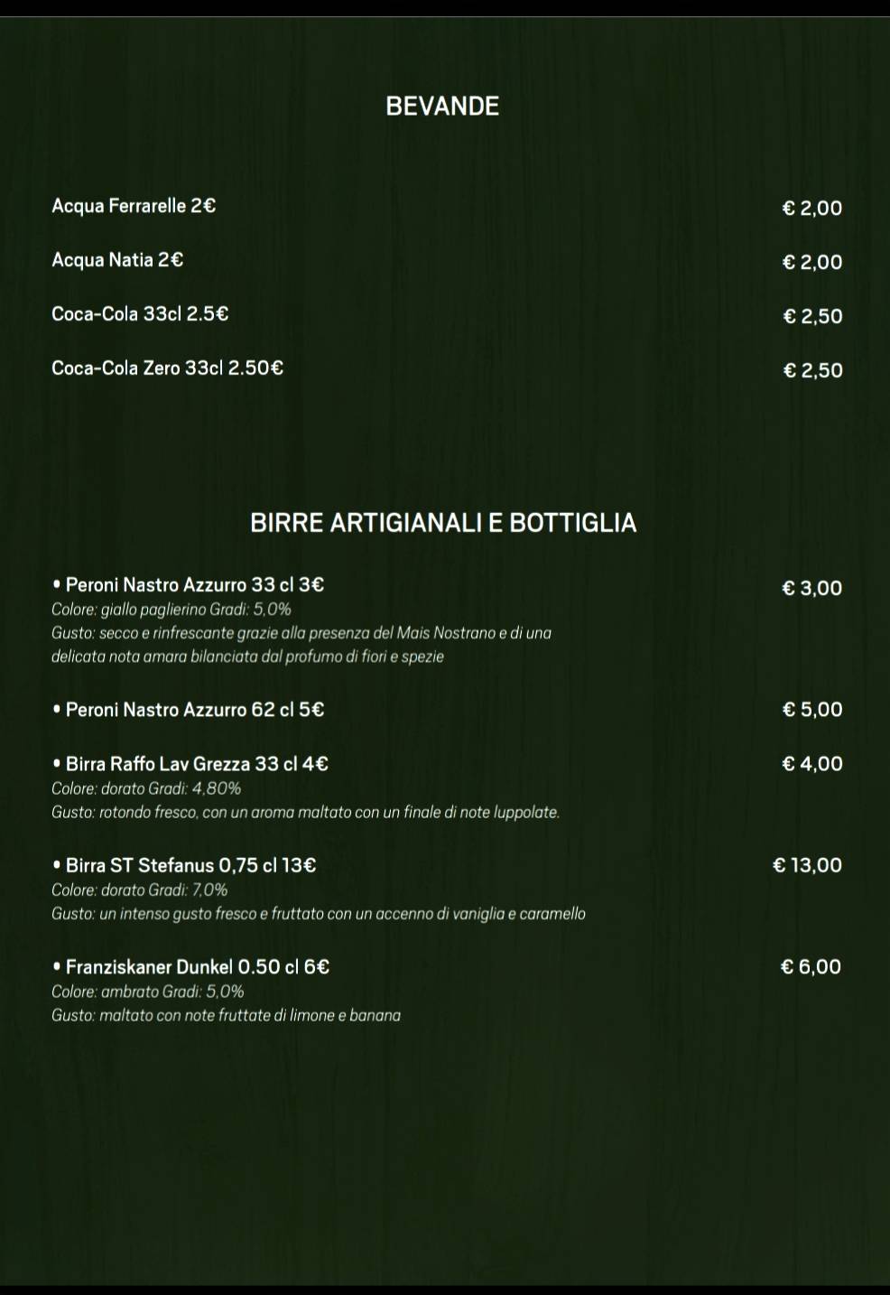 Menu di Biga pizzeria e gastronomia 