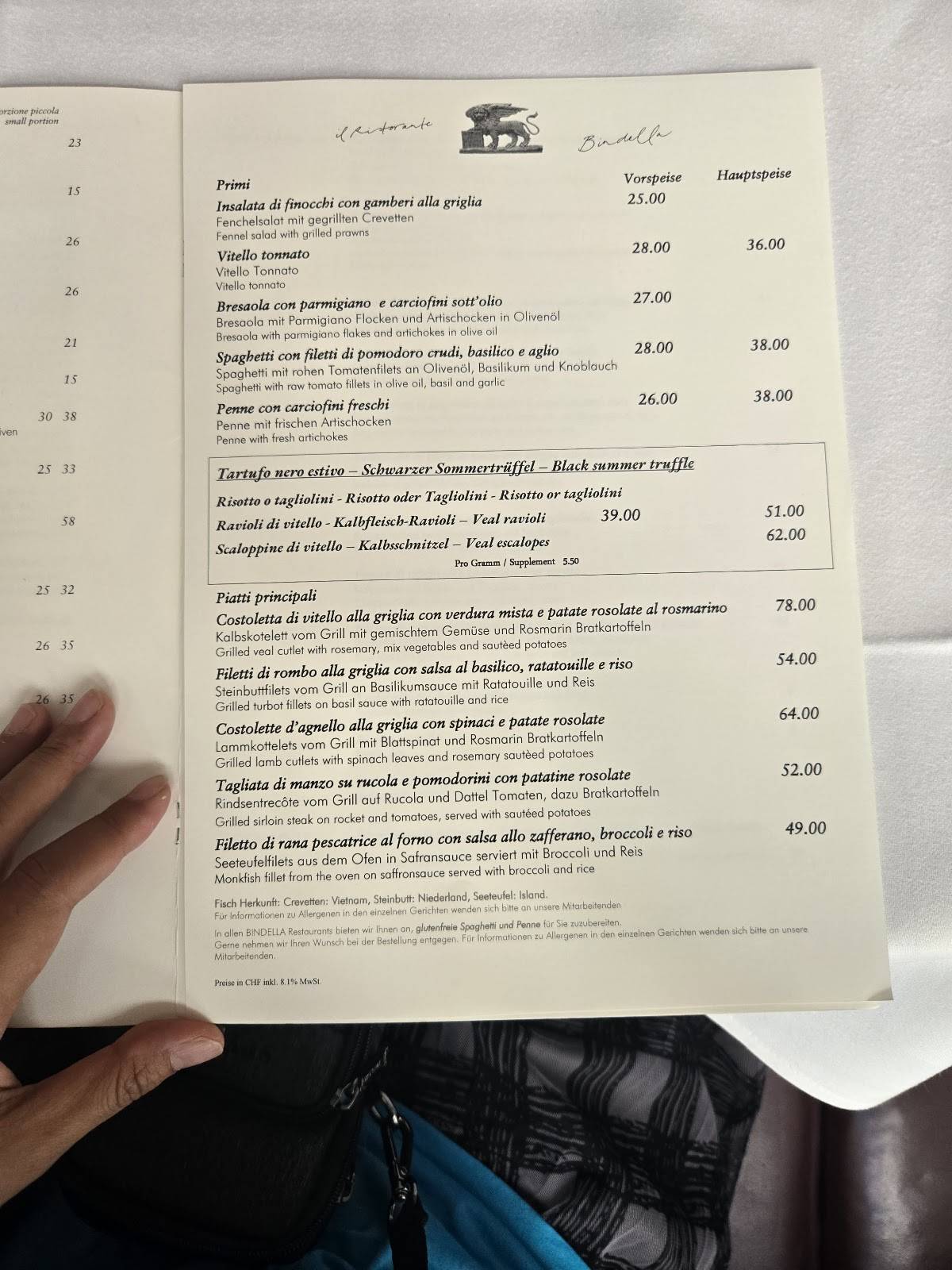 Menu di Bindella 