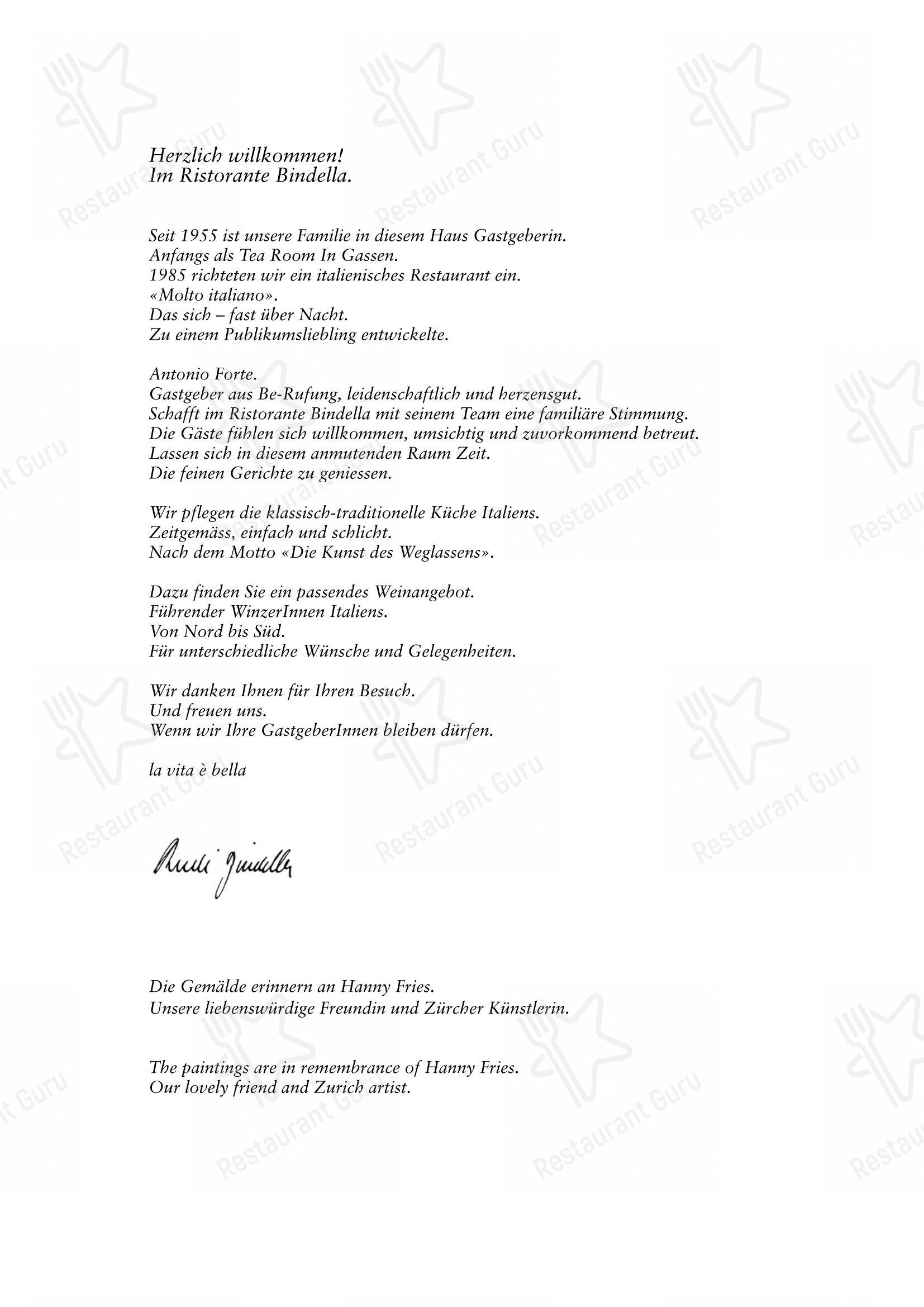 Bindella in Zurigo - Menu bar