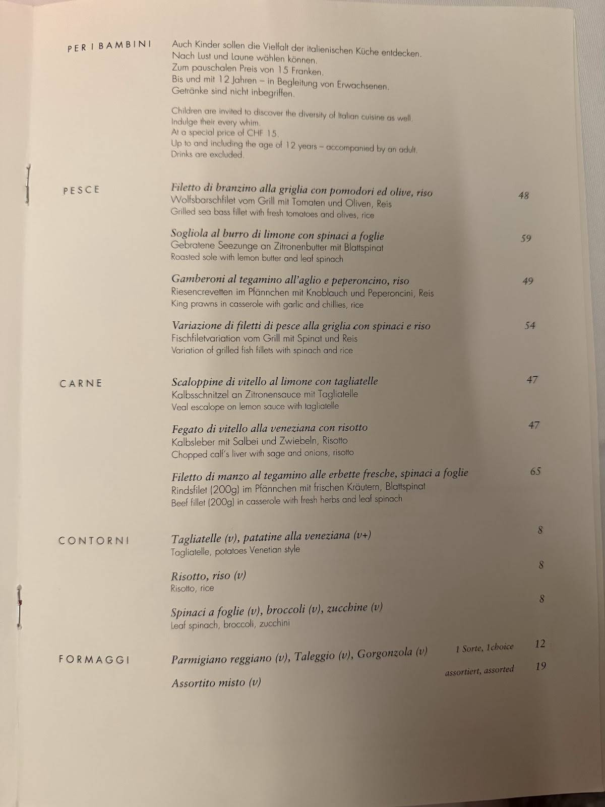 Menu de Bindella