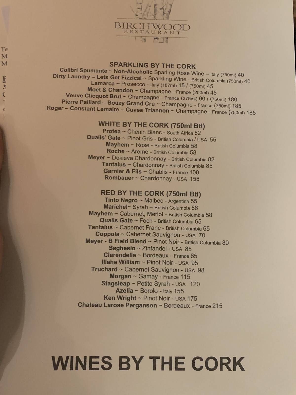 Menu de Birchwood Restaurant