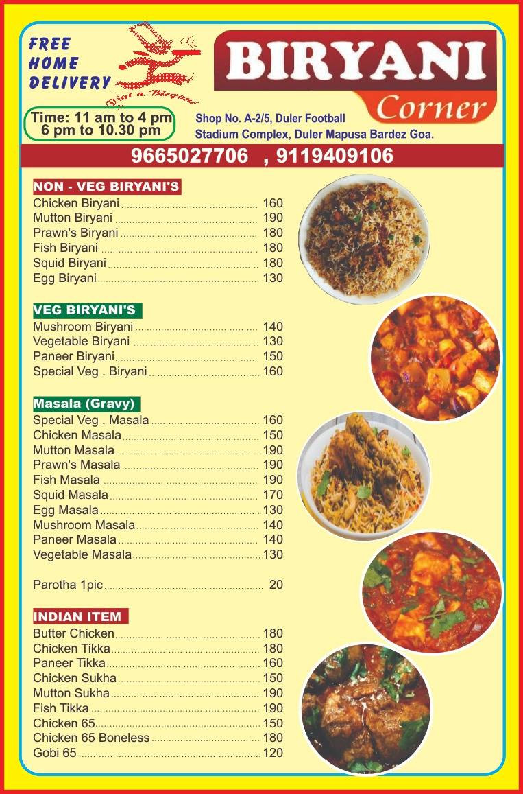 Biryani Corner mapusa menu