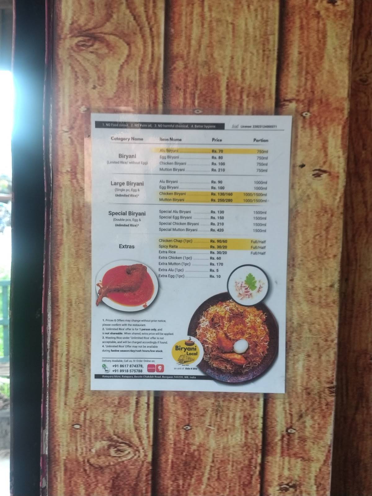 Biryani Local menu