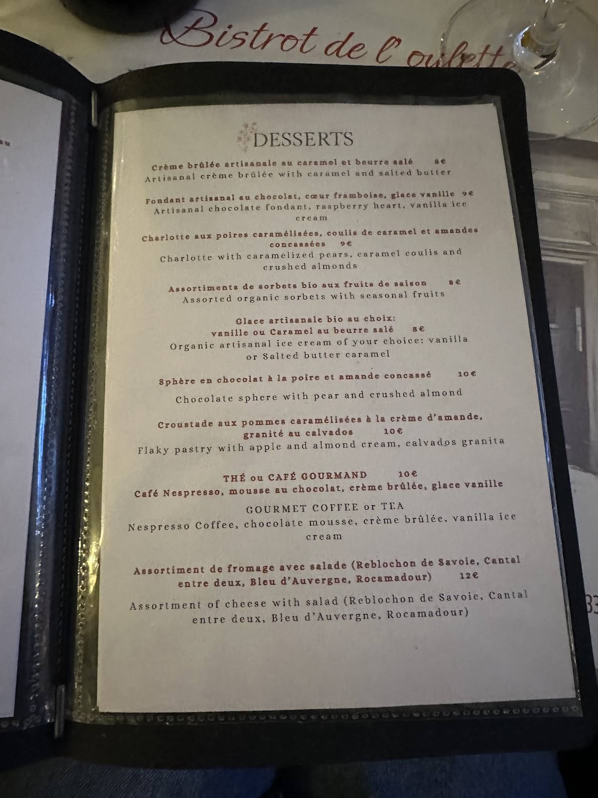Menu de Bistrot de l’Oulette