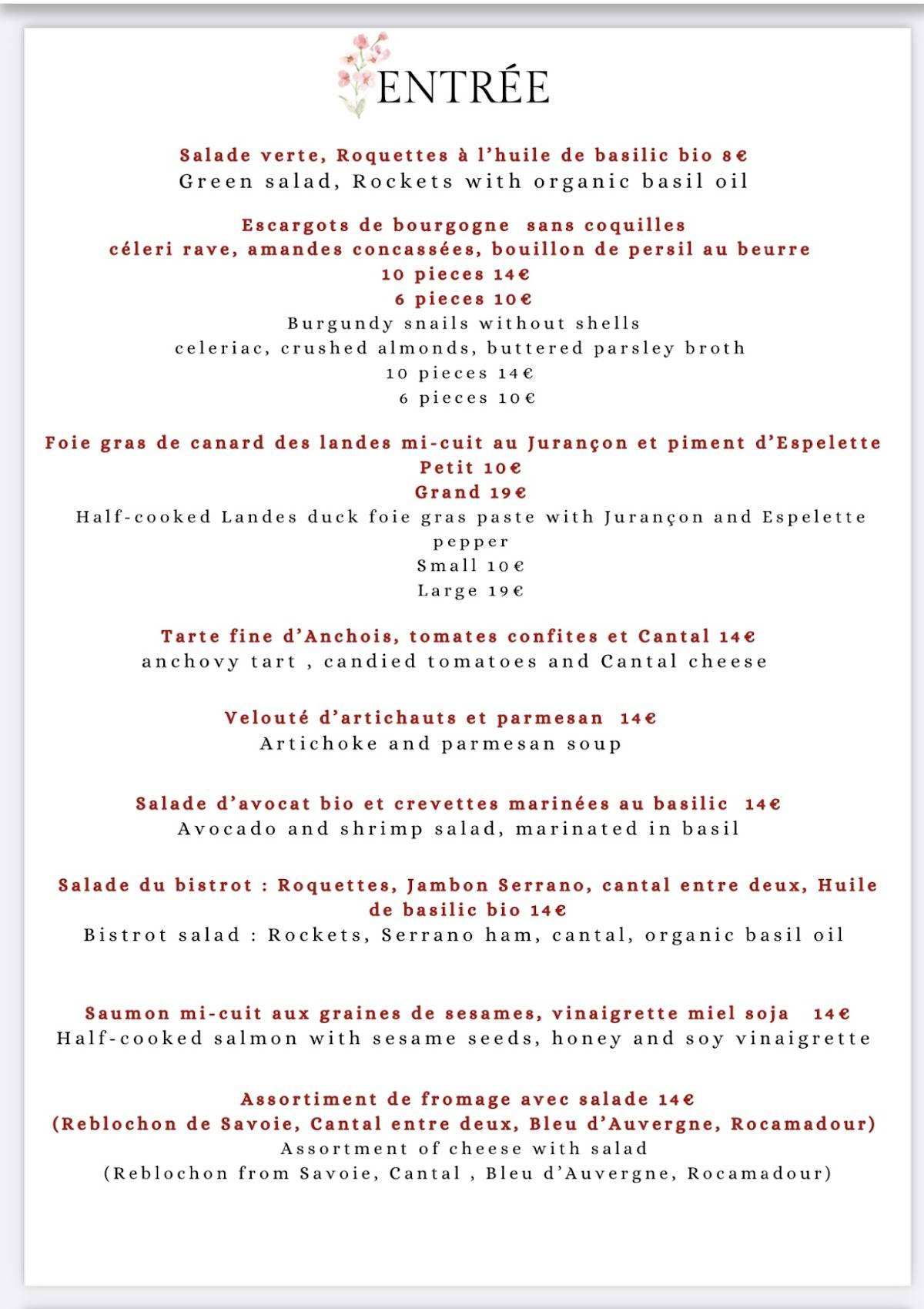 Menu de Bistrot de l’Oulette