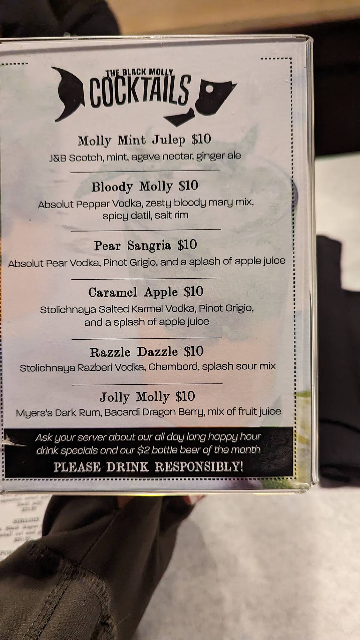 Menu at Black Molly Grill restaurant, St. Augustine