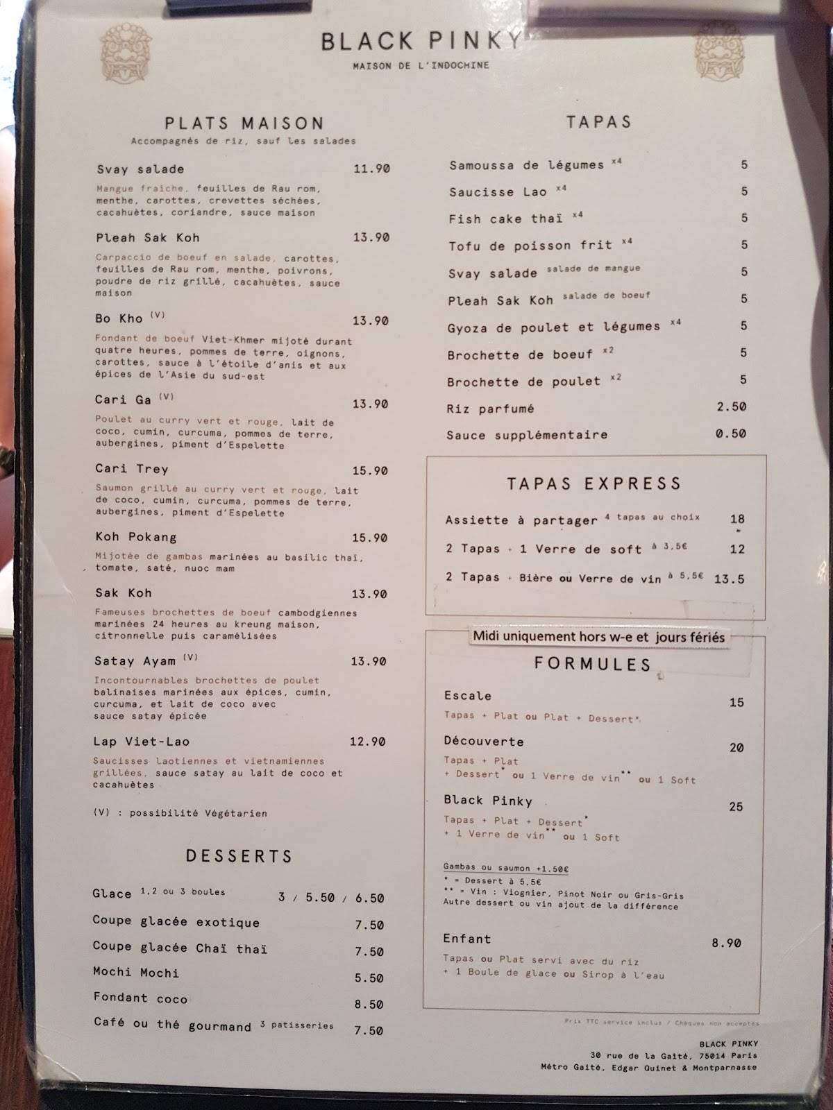 Menu au Black Pinky restaurant, Paris