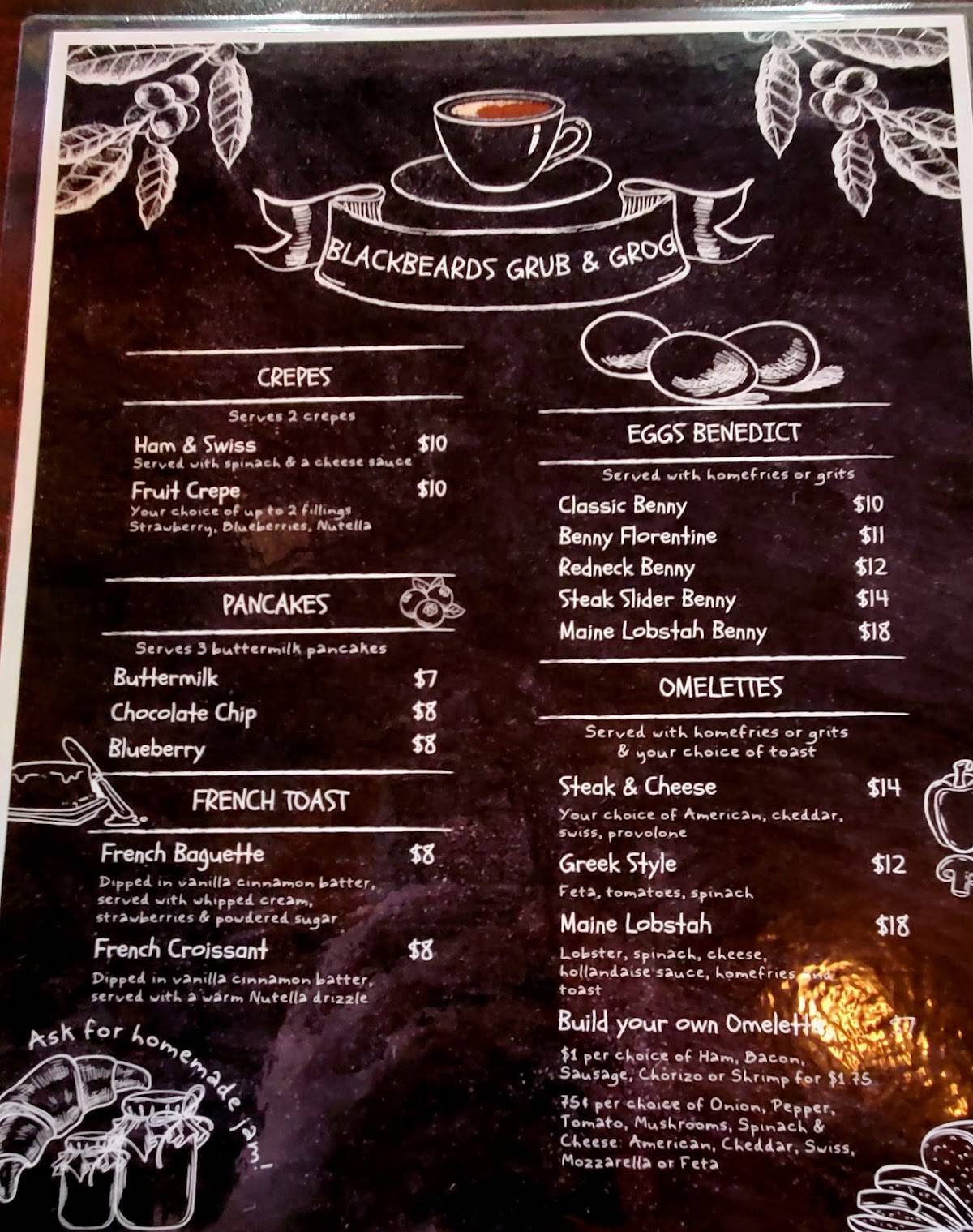 Menu at Blackbeard's Grub & Grog restaurant, Tarpon Springs