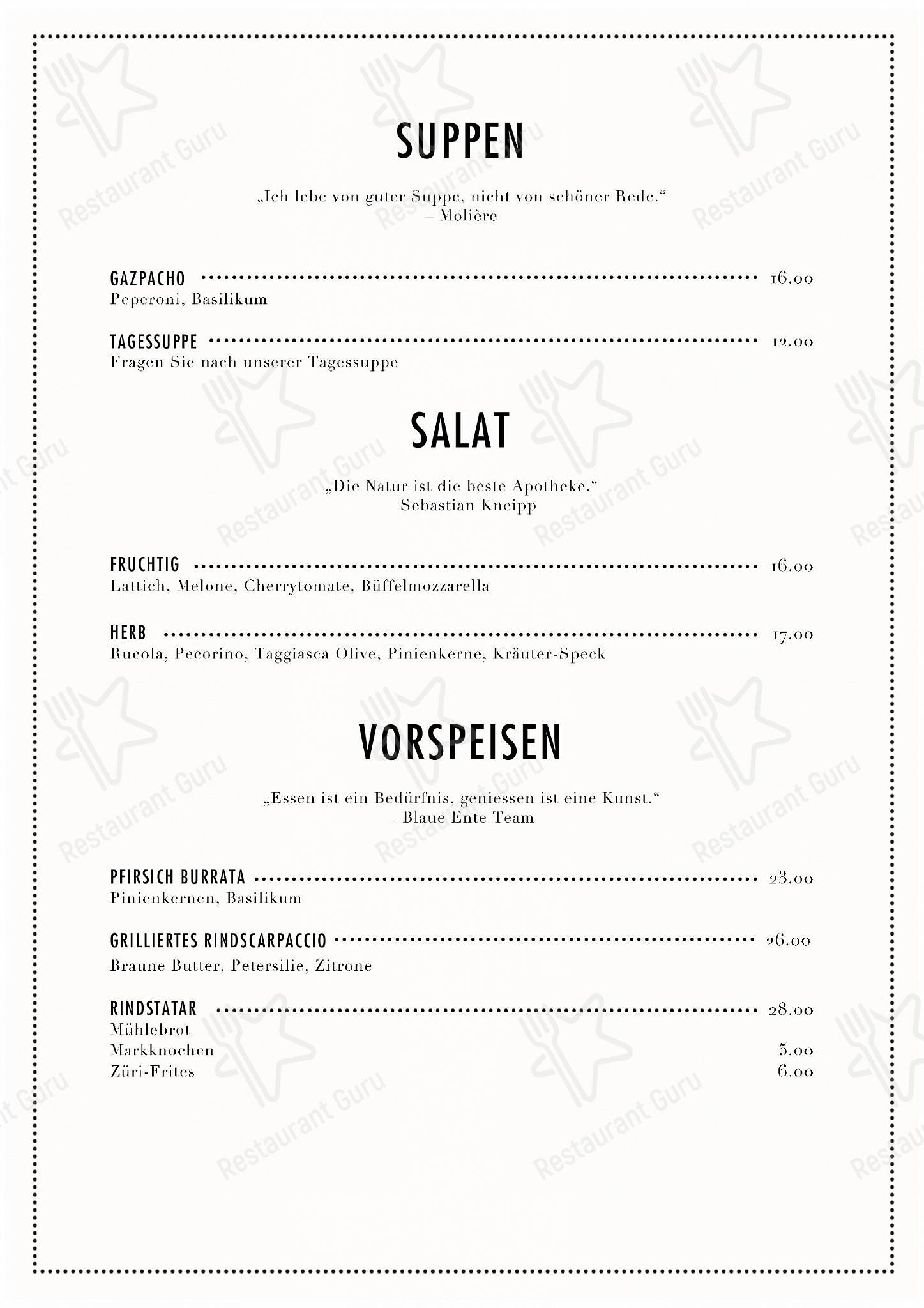 Menu per Blaue Ente in Zurigo