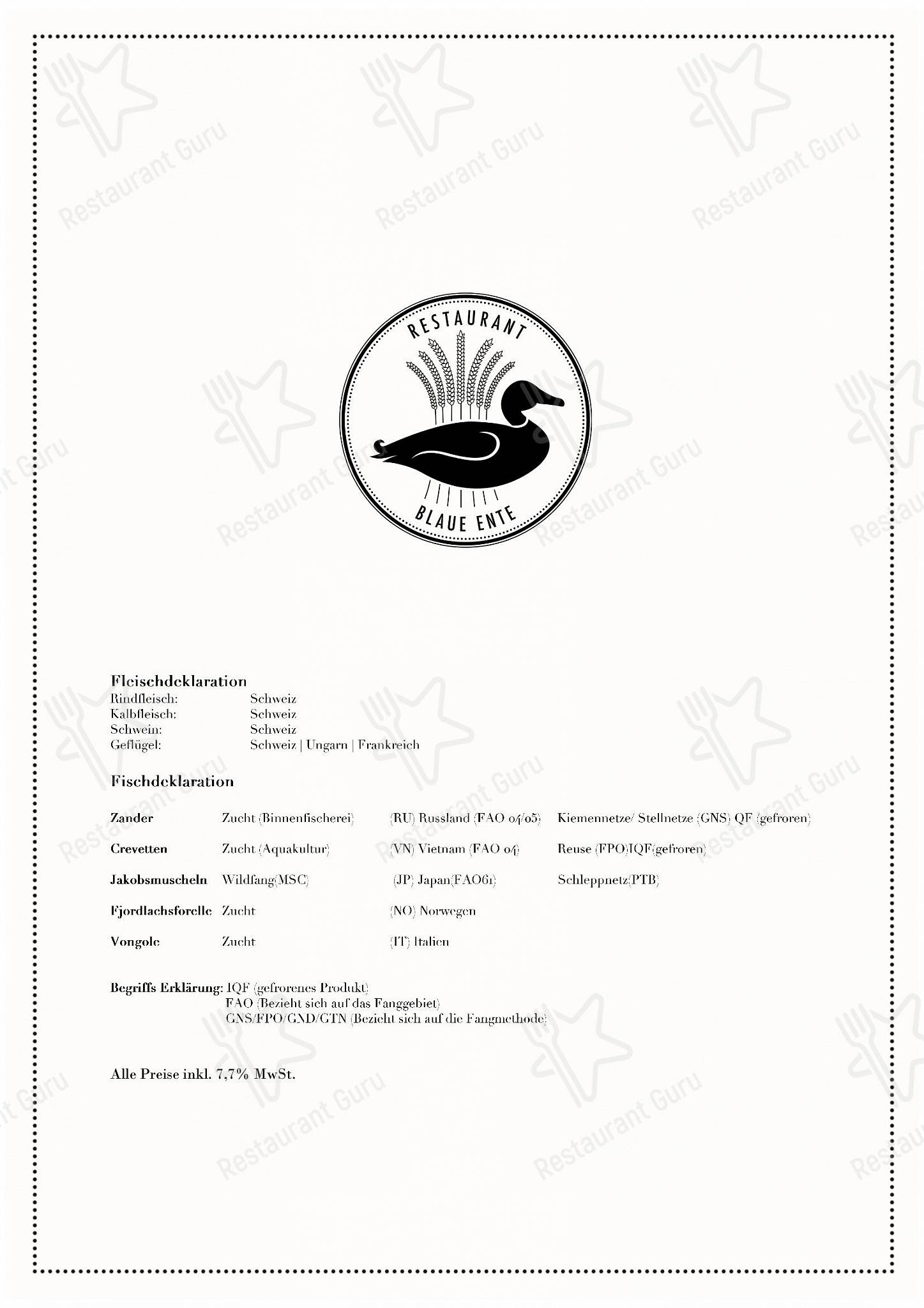 Menu per Blaue Ente in Zurigo